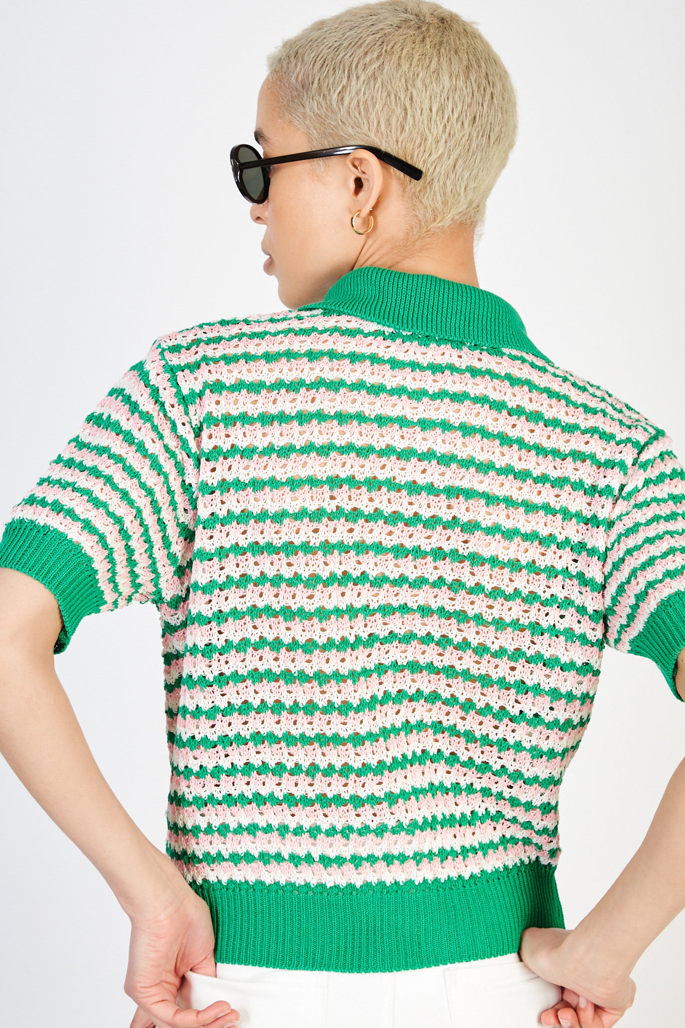 Green pink and white mix collared button up knit tee_2