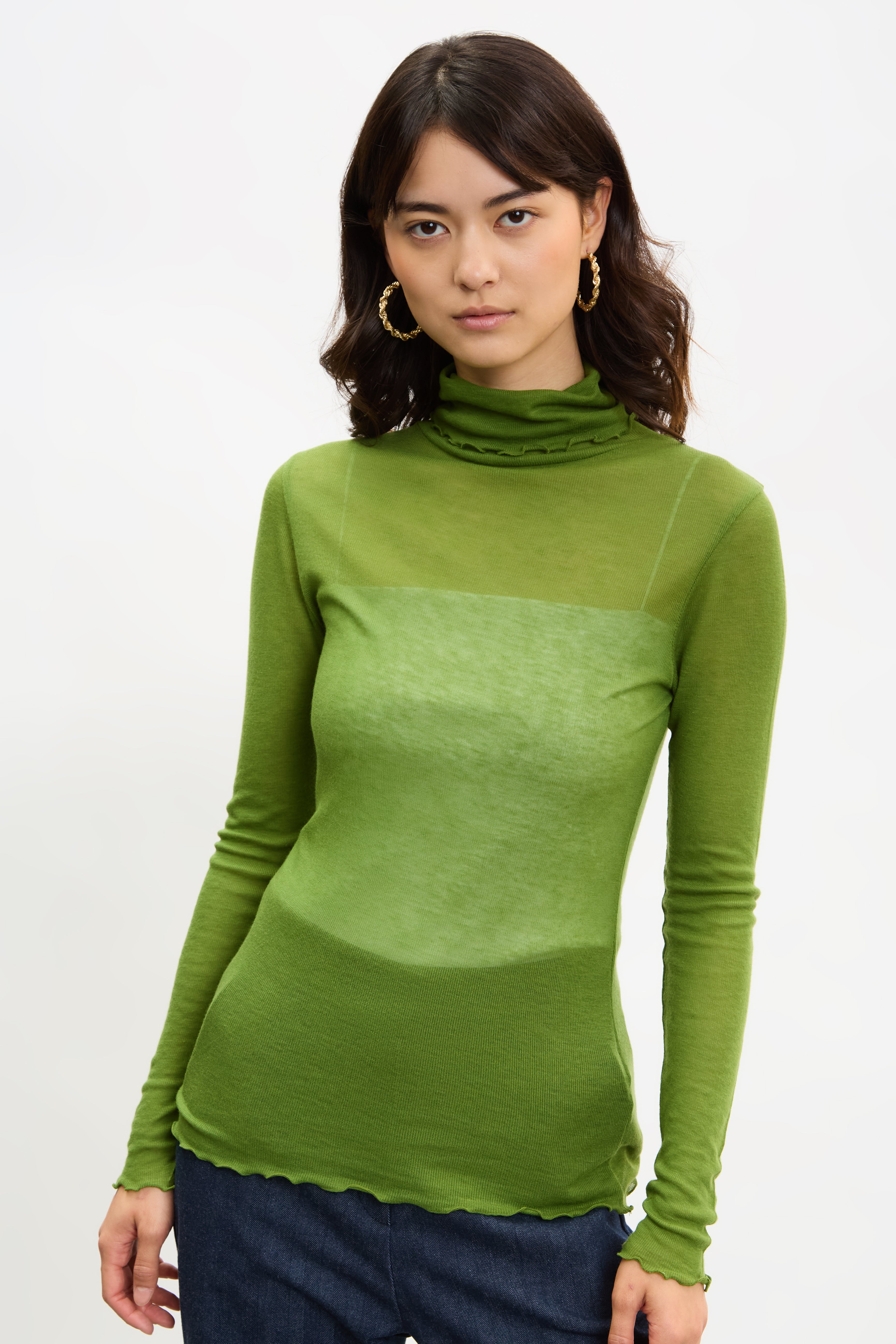 Green sheer ruffle turtleneck top_1