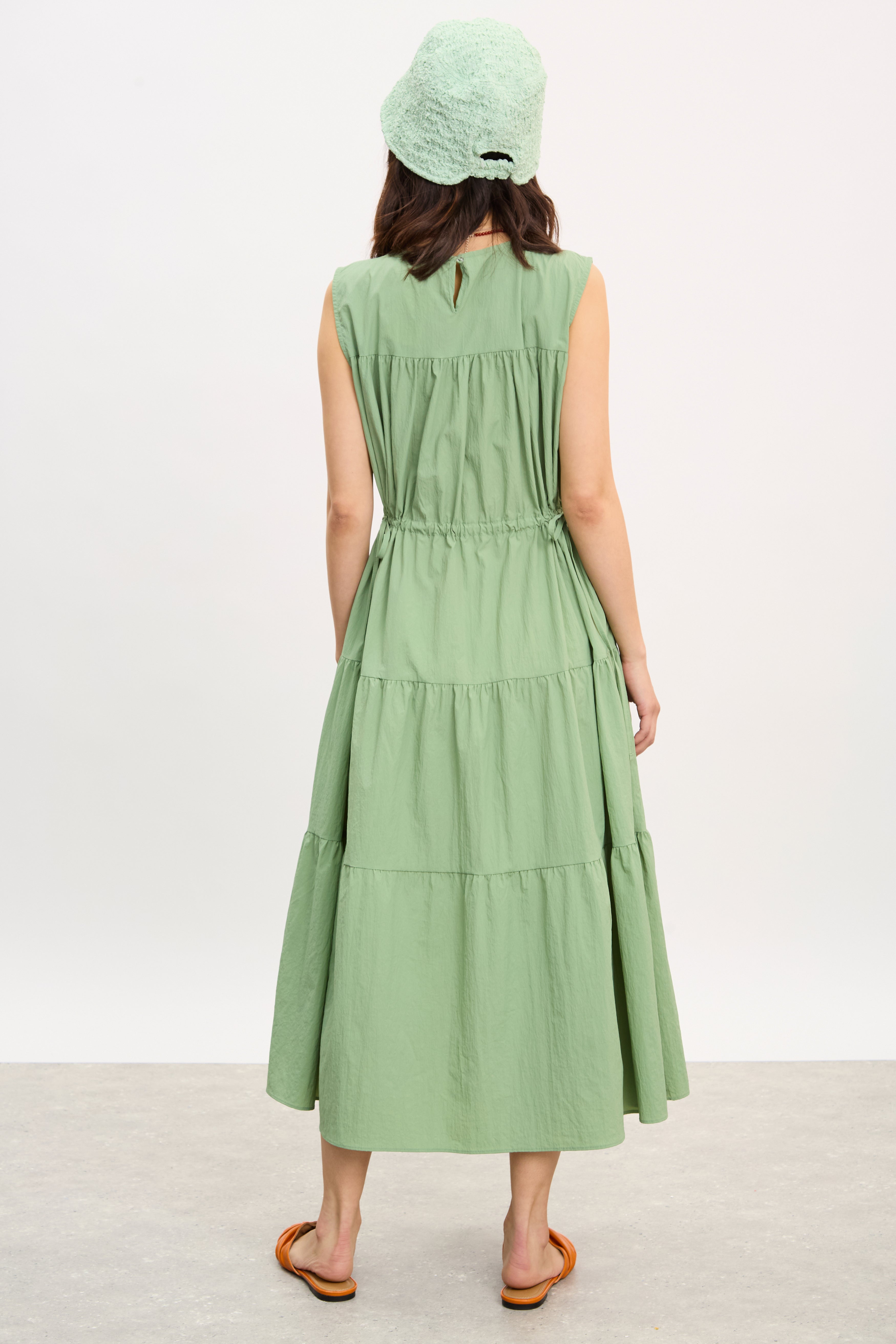 Green tiered cinch waist sleeveless dress_2