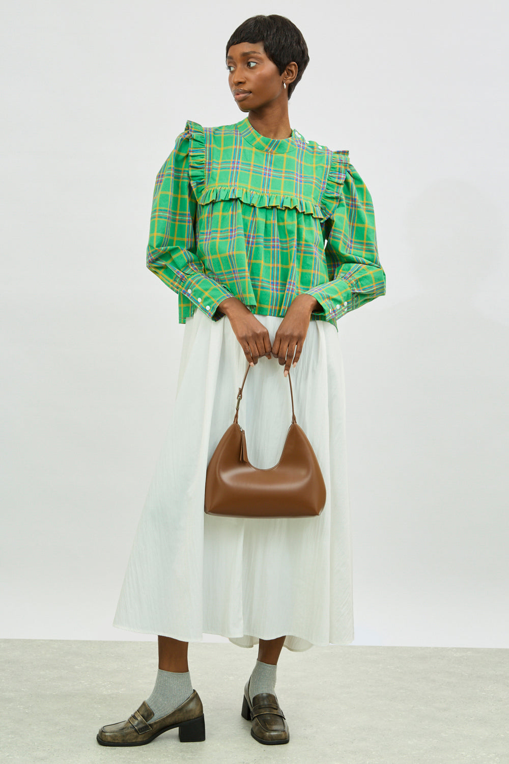 Green yellow and purple plaid ruffle trim blouse_4