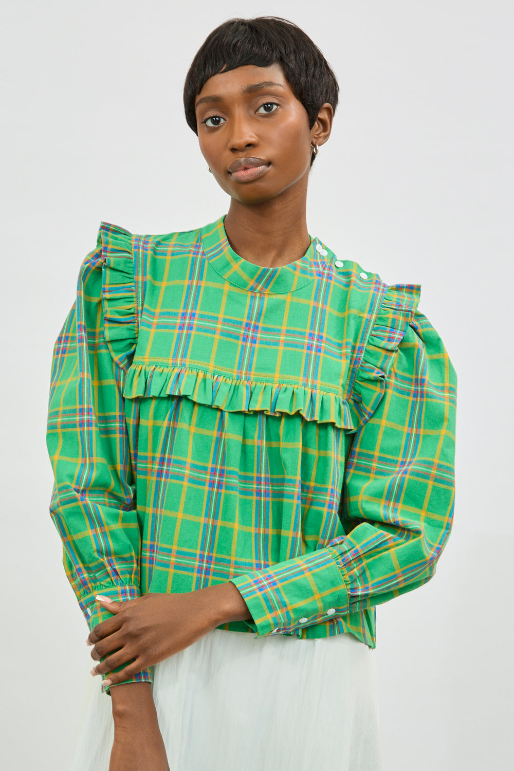 Green yellow and purple plaid ruffle trim blouse_1