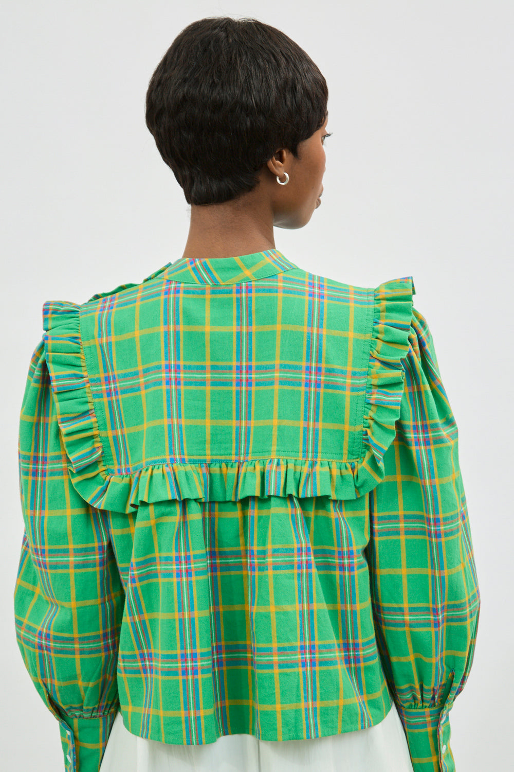 Green yellow and purple plaid ruffle trim blouse_2