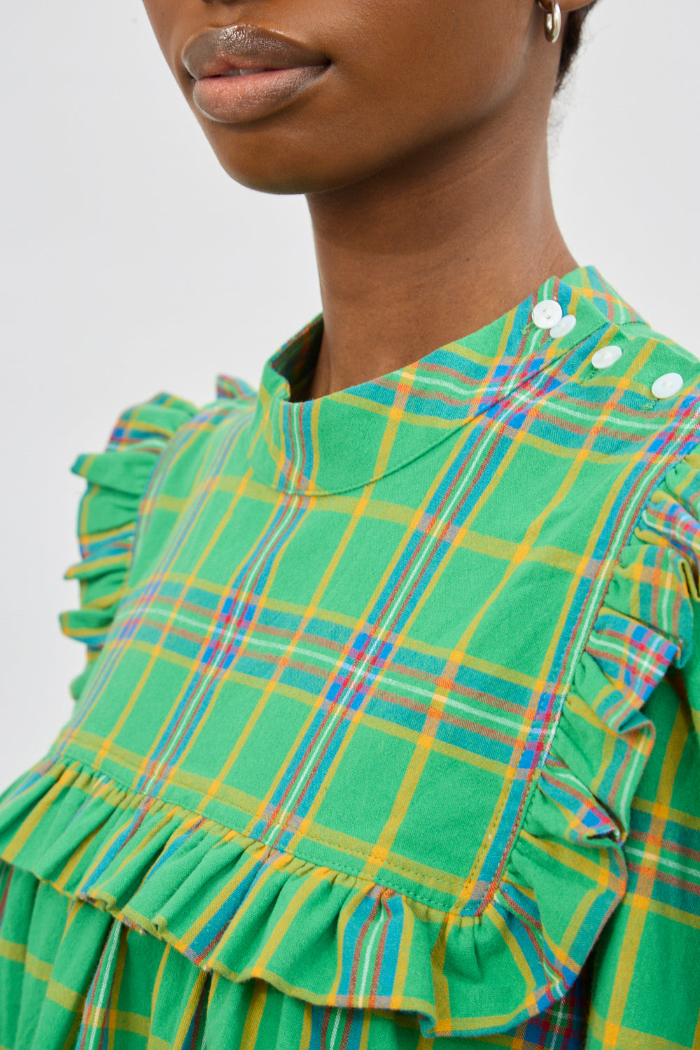 Green yellow and purple plaid ruffle trim blouse_3