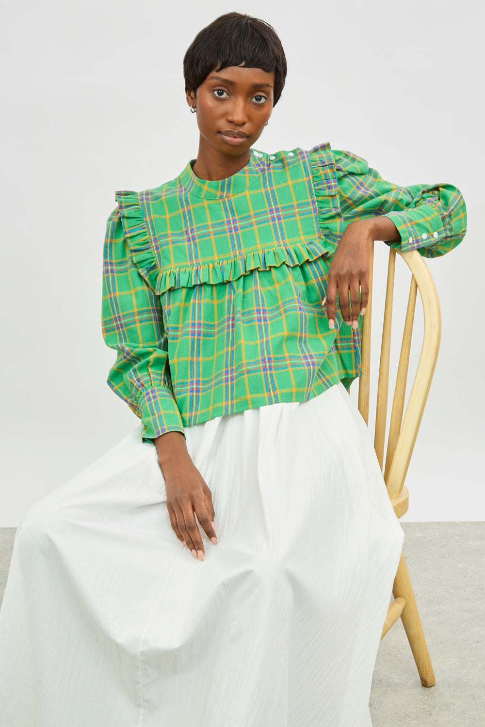 Green yellow and purple plaid ruffle trim blouse_5