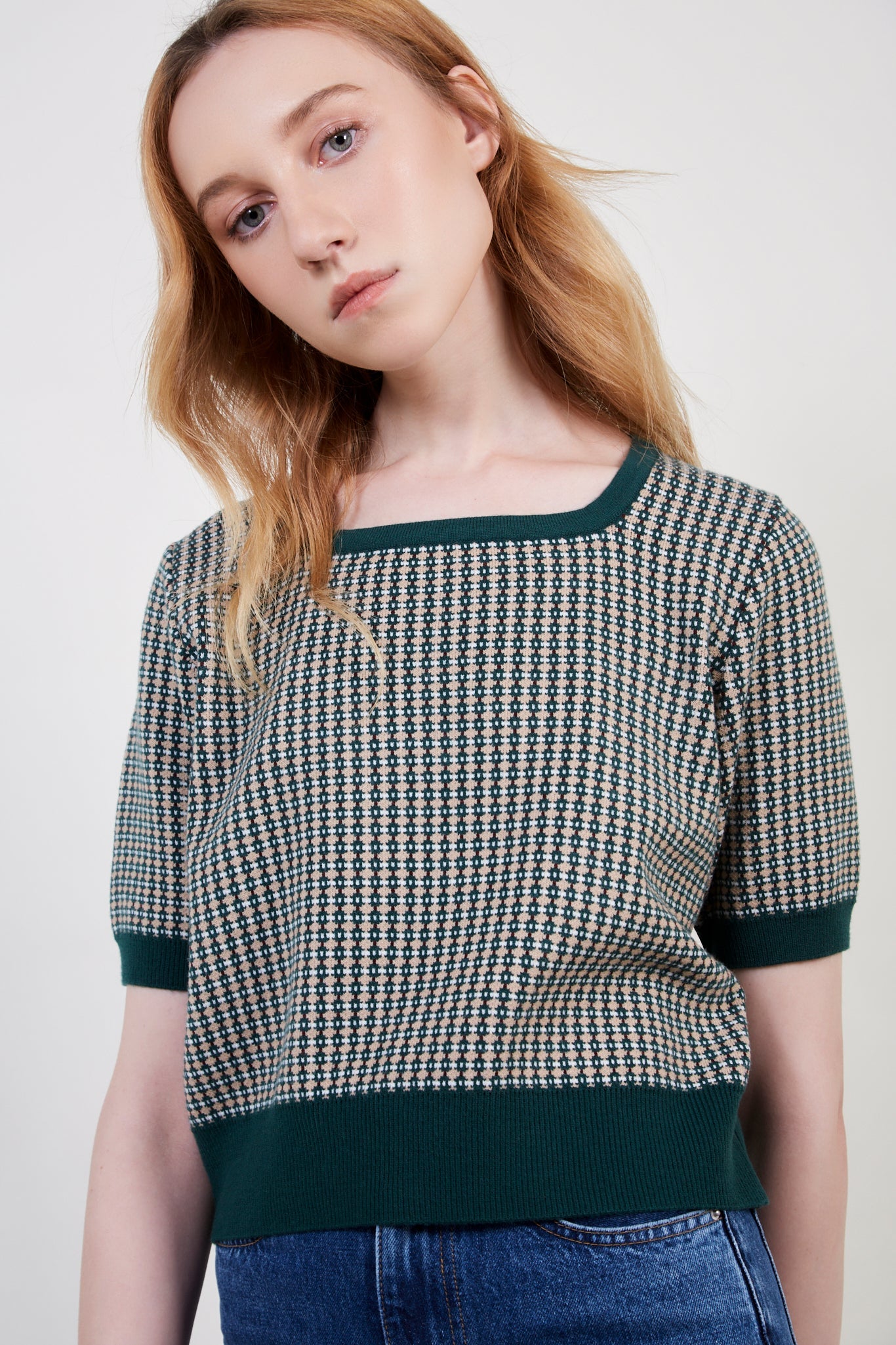 Green and beige dots knit tee_2