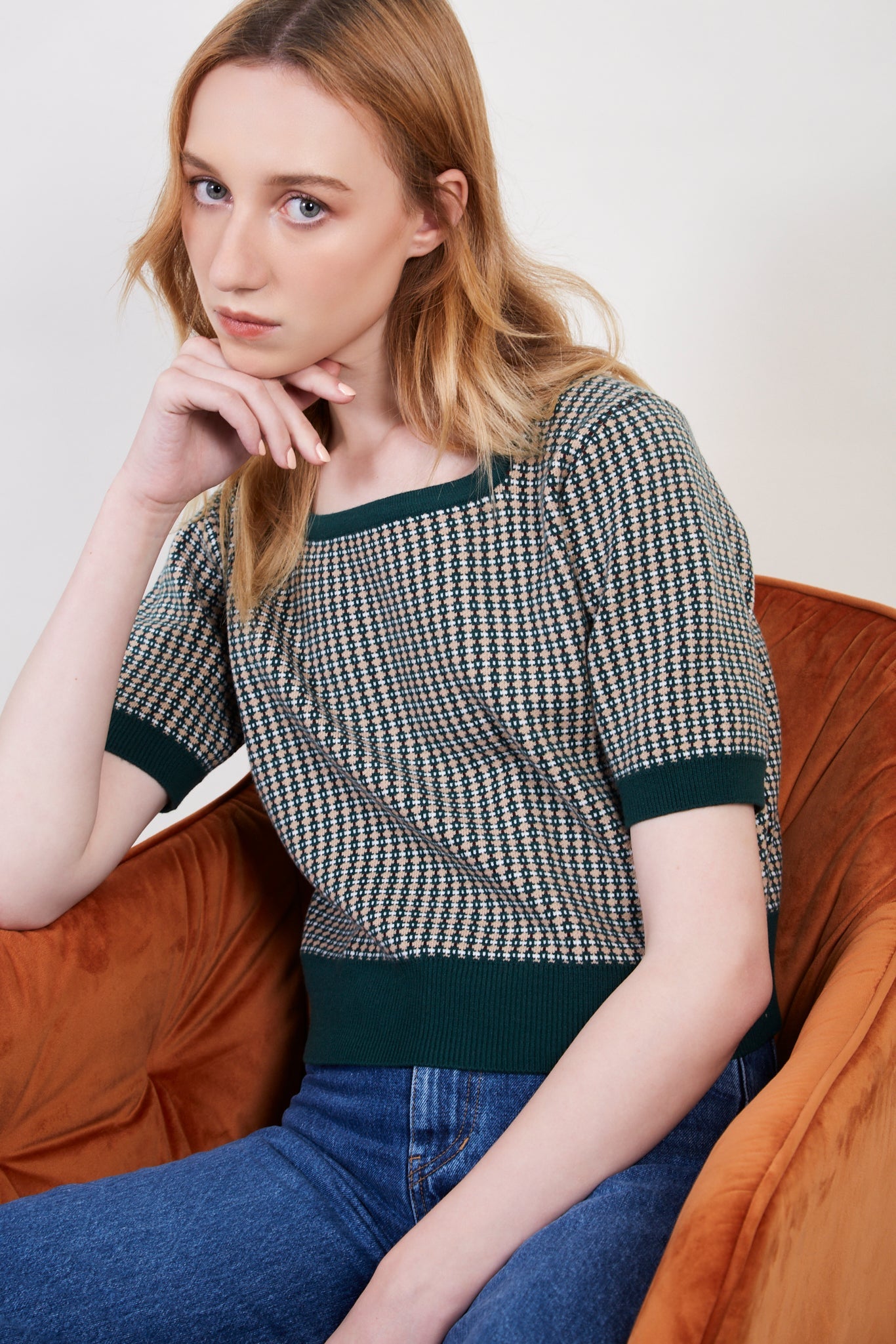 Green and beige dots knit tee_5
