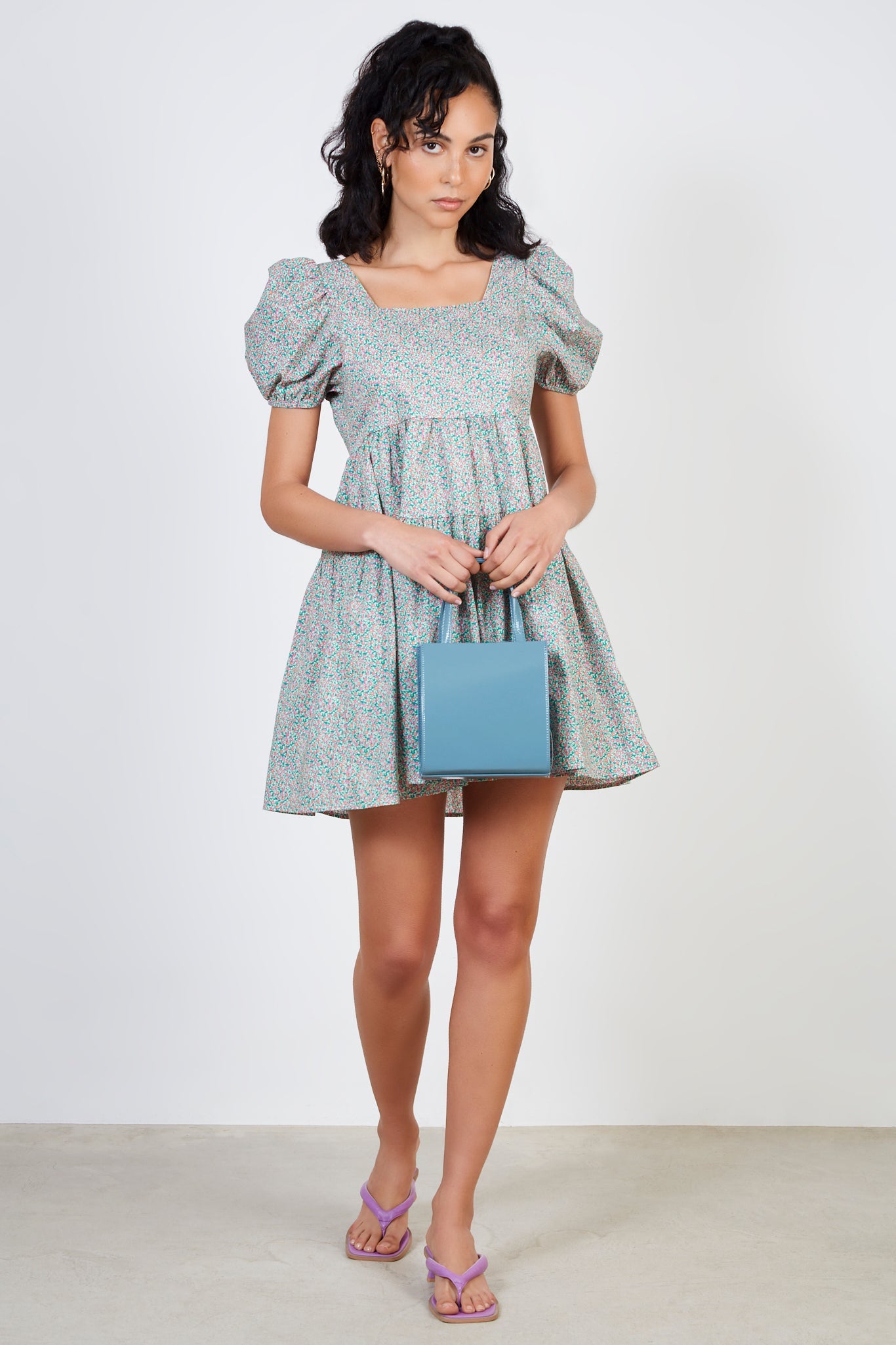 Green and pink ditsy floral print tie back dress_1