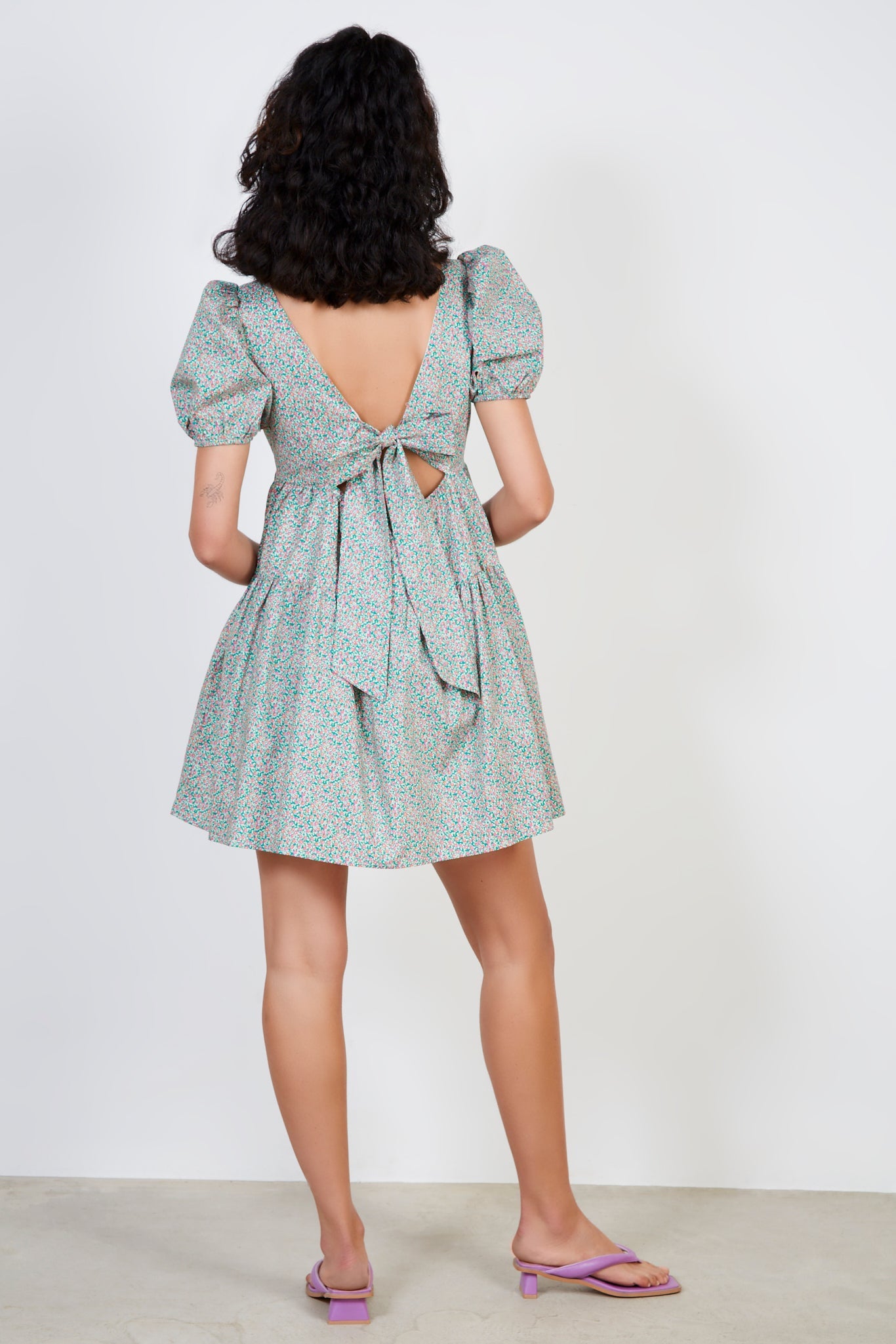 Green and pink ditsy floral print tie back dress_2