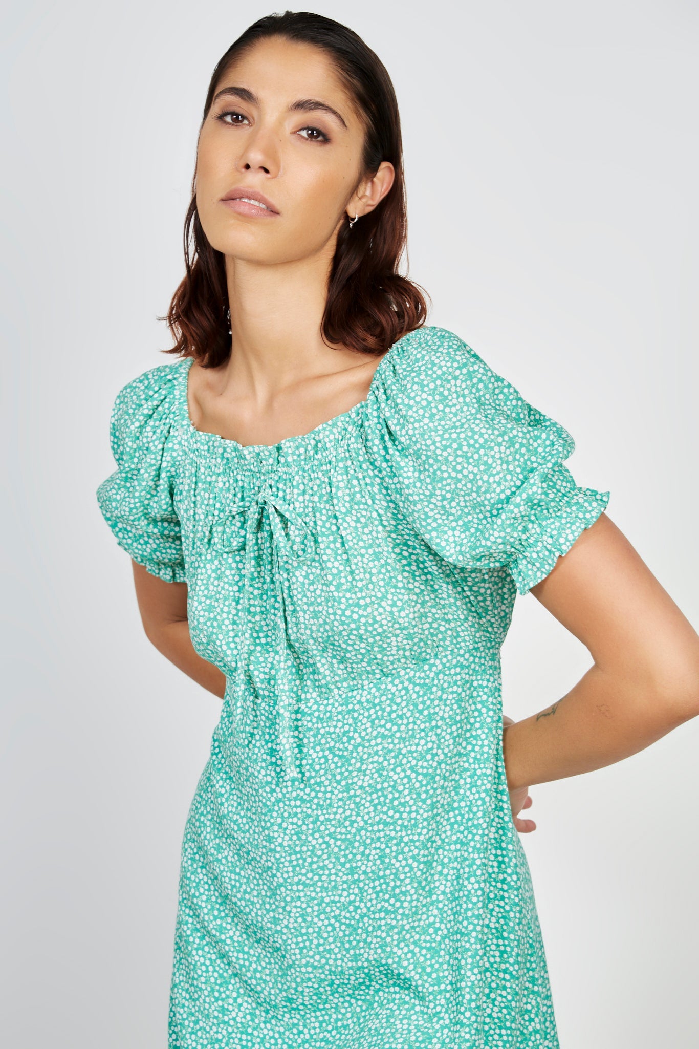 Green floral print mini dress_4