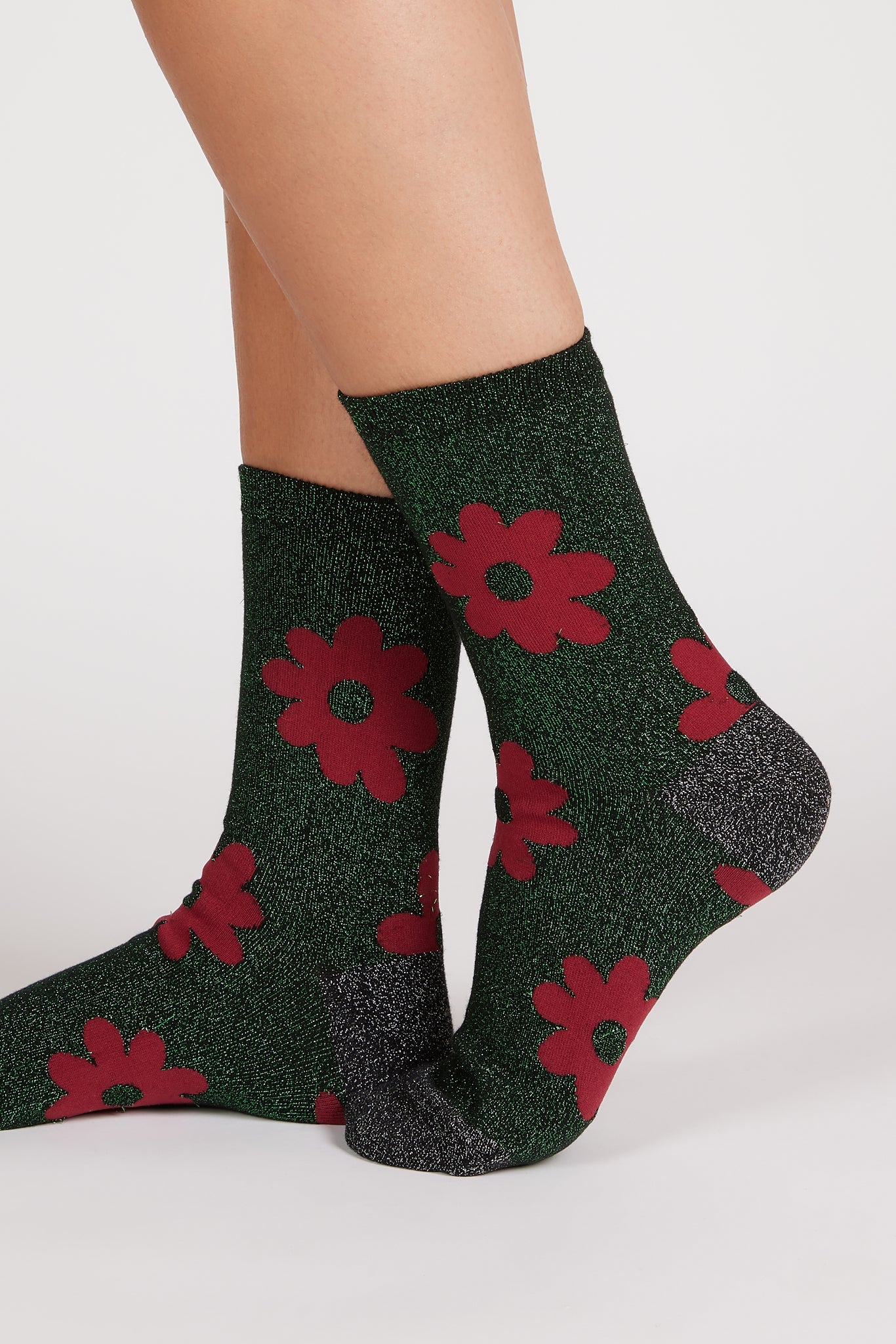 Green metallic red giant floral socks_1