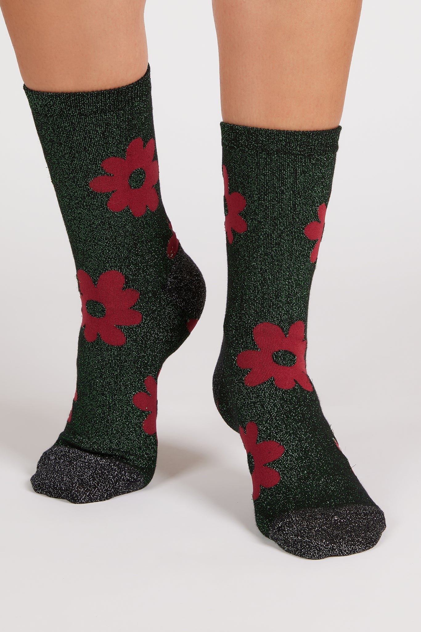 Green metallic red giant floral socks_4