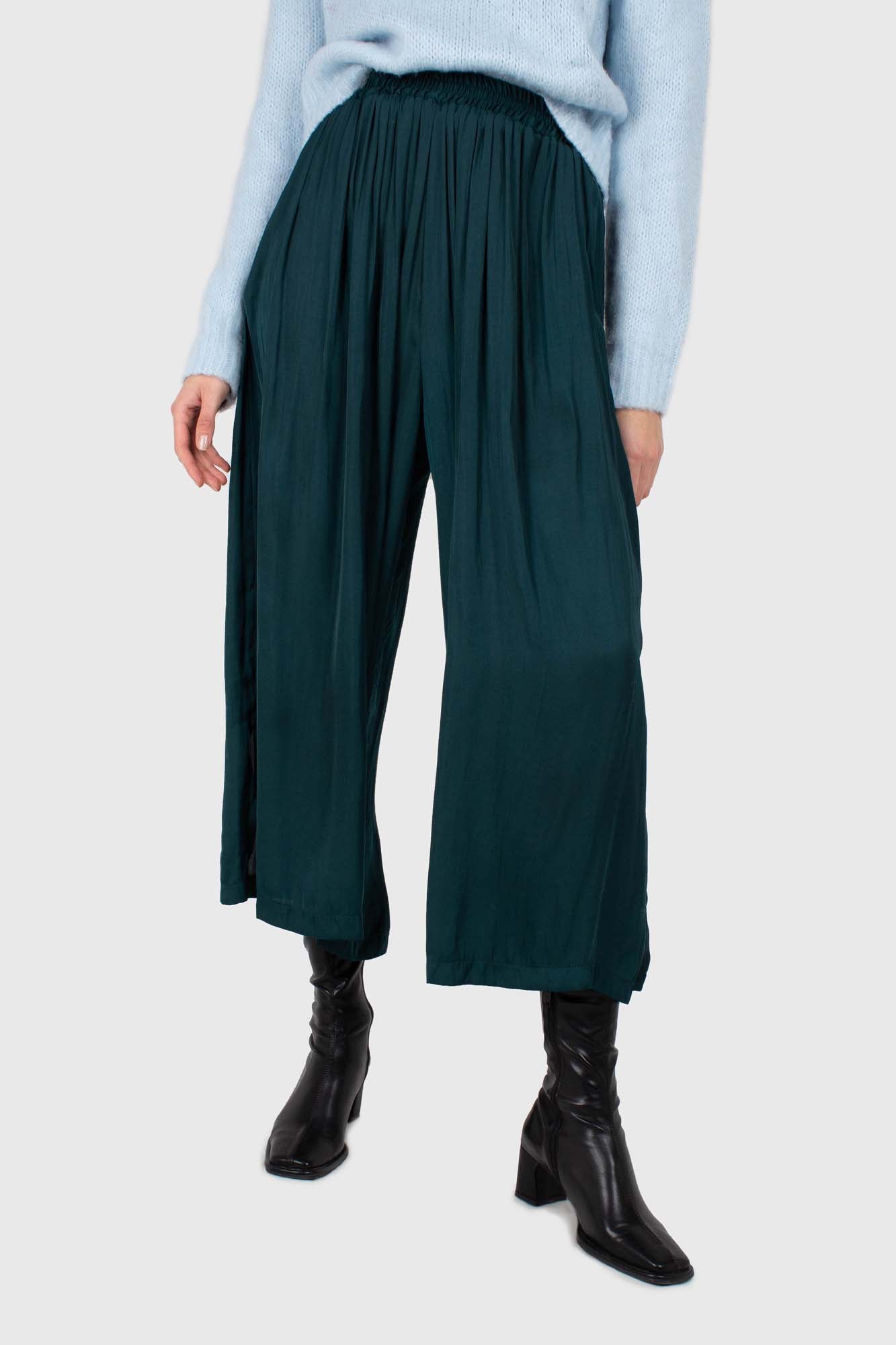 Green silky shirring loose fit trousers_1