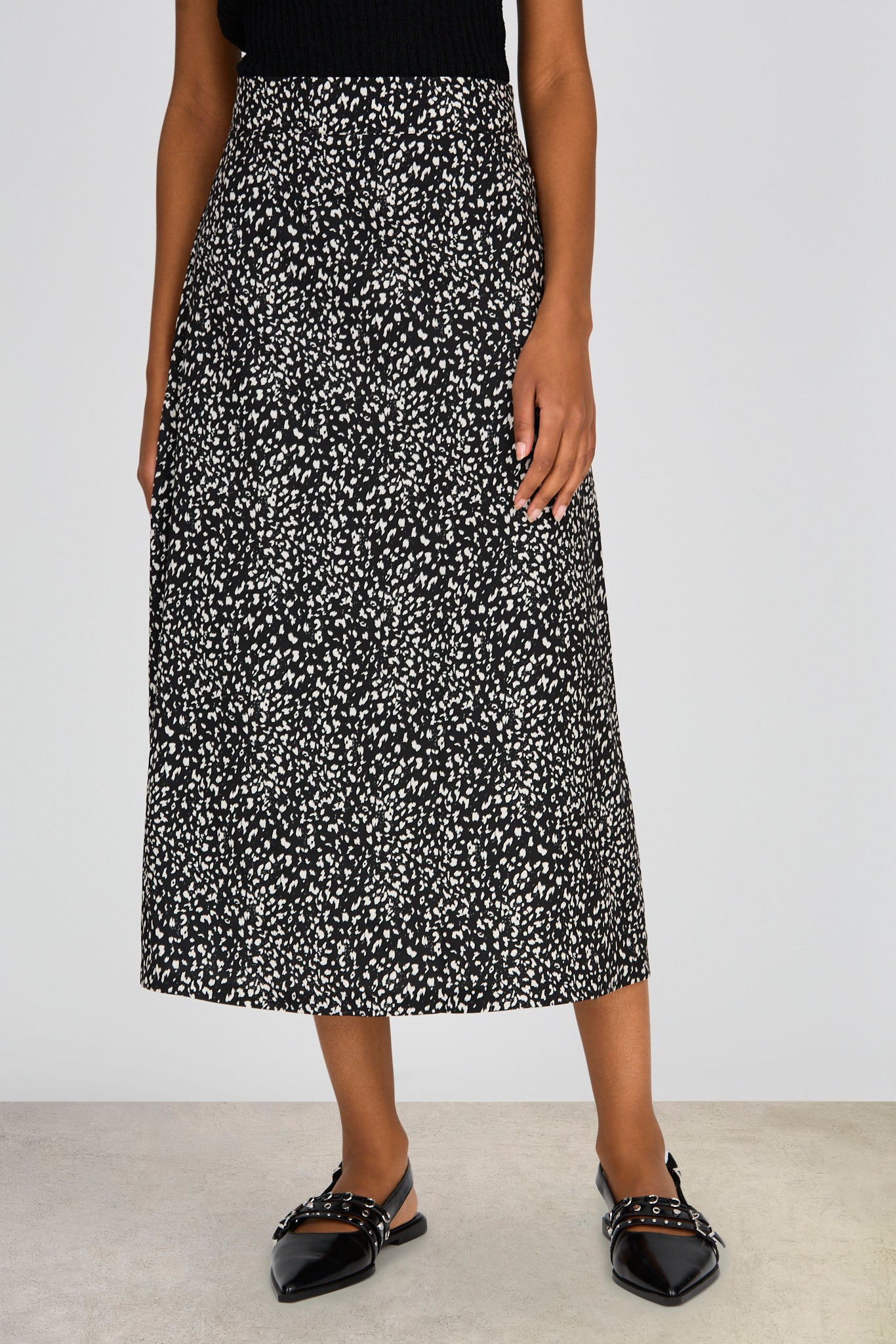 Black and white leopard print silky midi skirt_1