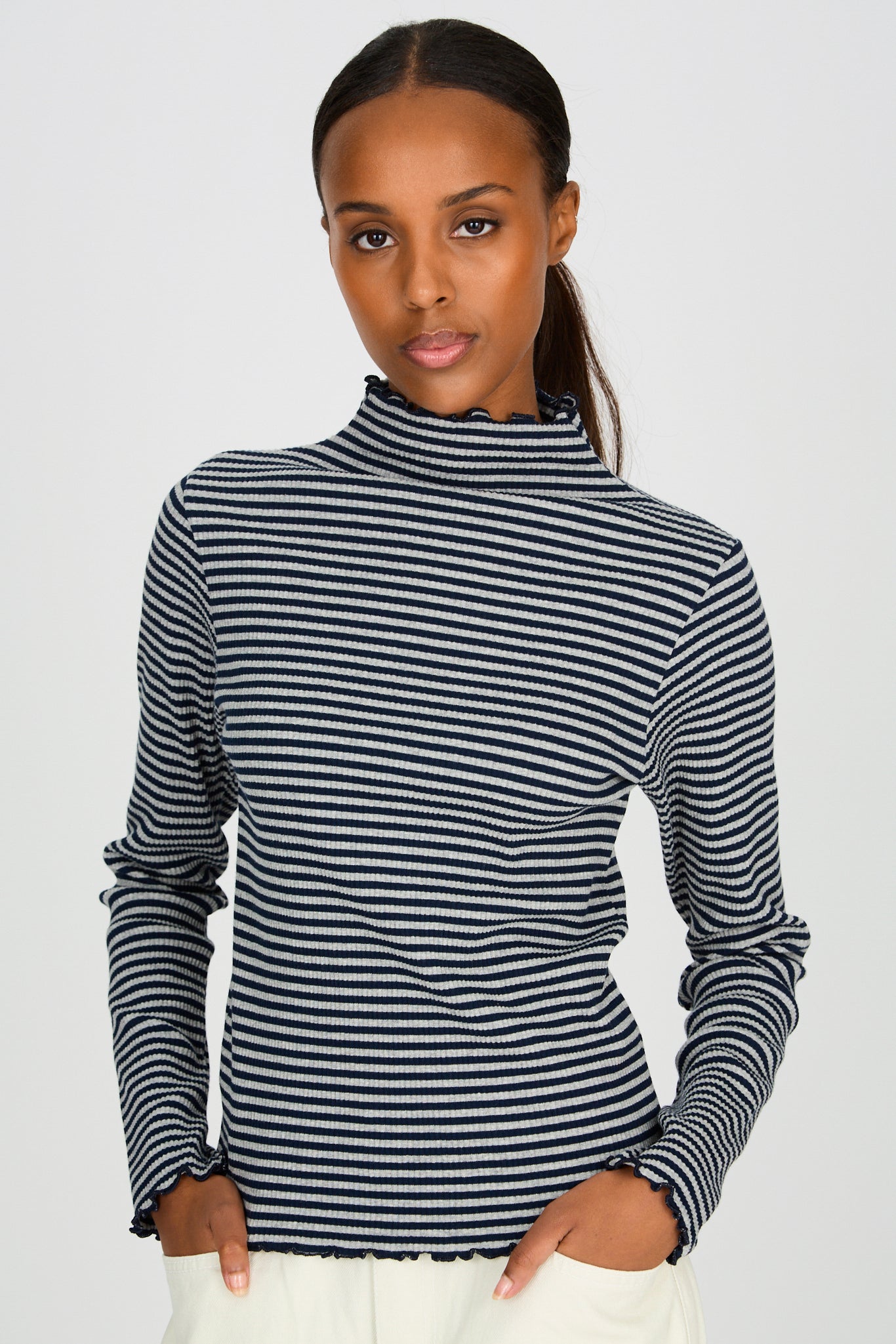 Grey and black horizontal stripe ruffle trim turtleneck_1
