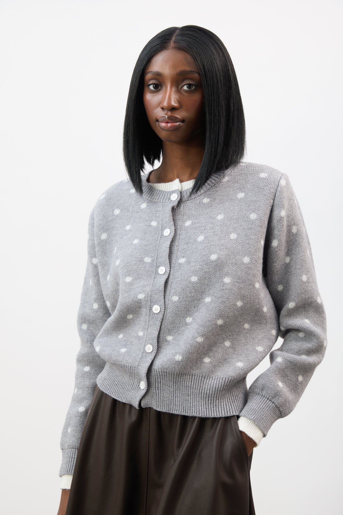 Grey and ivory polka dot round neck cardigan_1