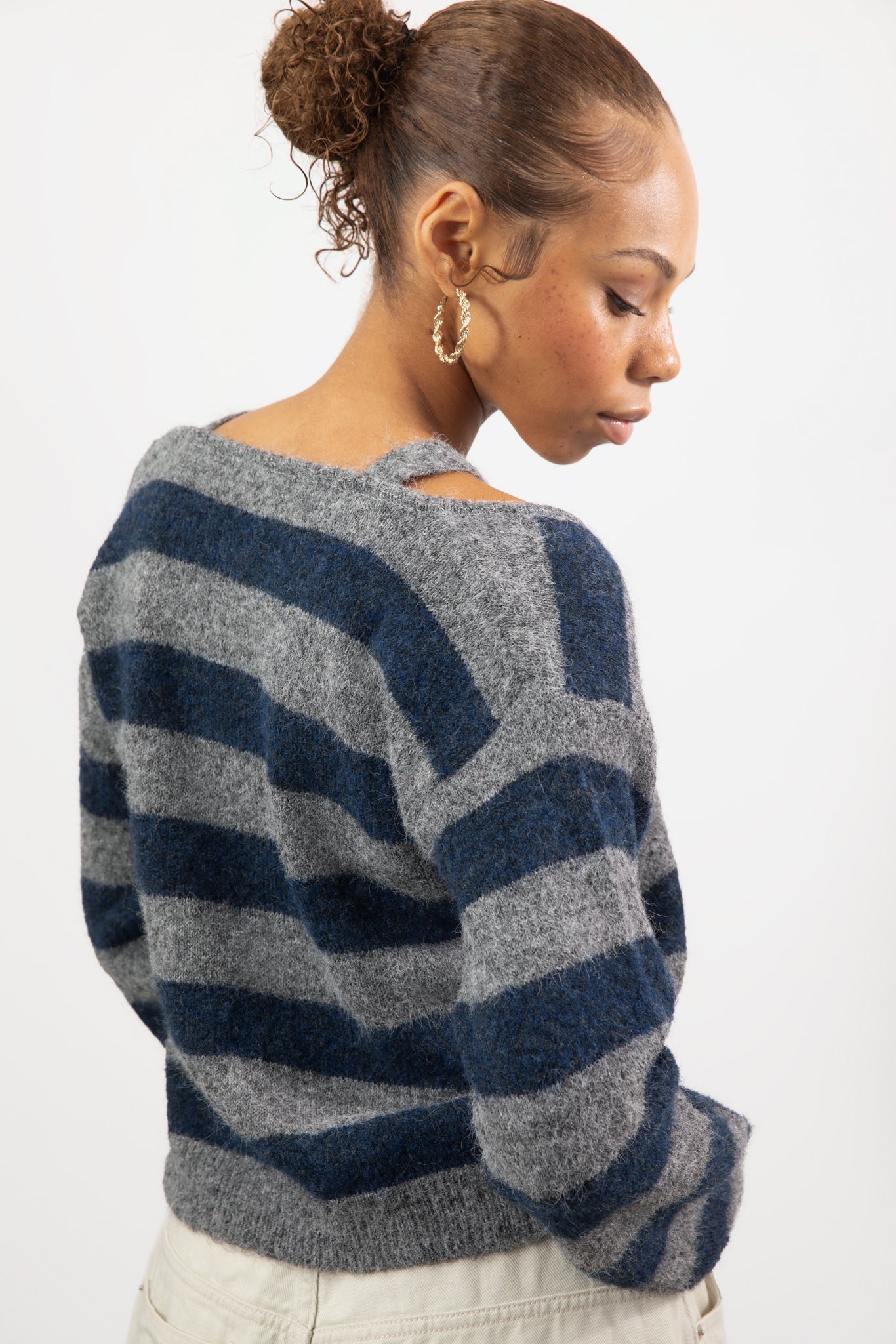 Grey and navy block striped double layered jumper_2