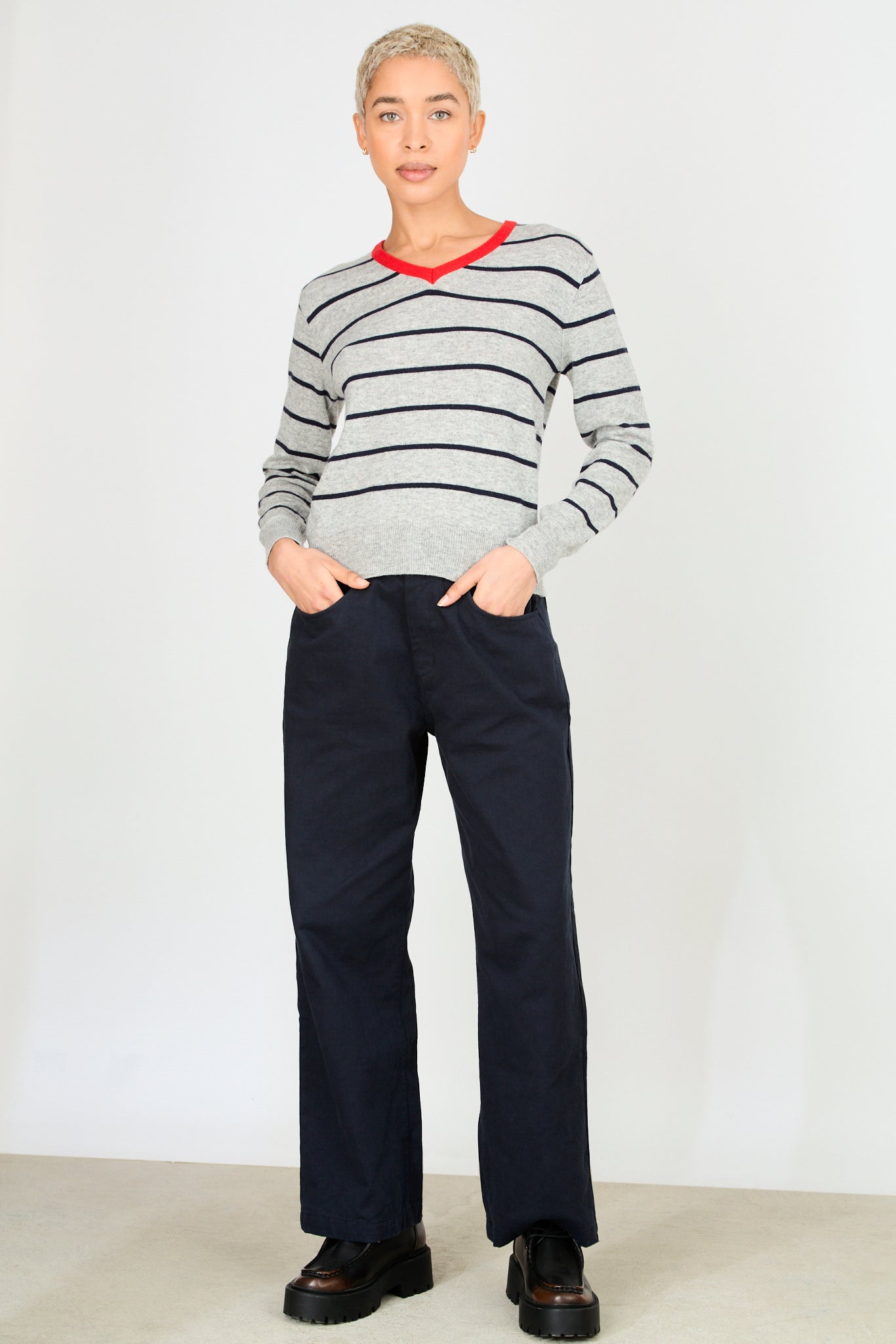 Grey and navy striped wool blend red trim V neck jumper_5