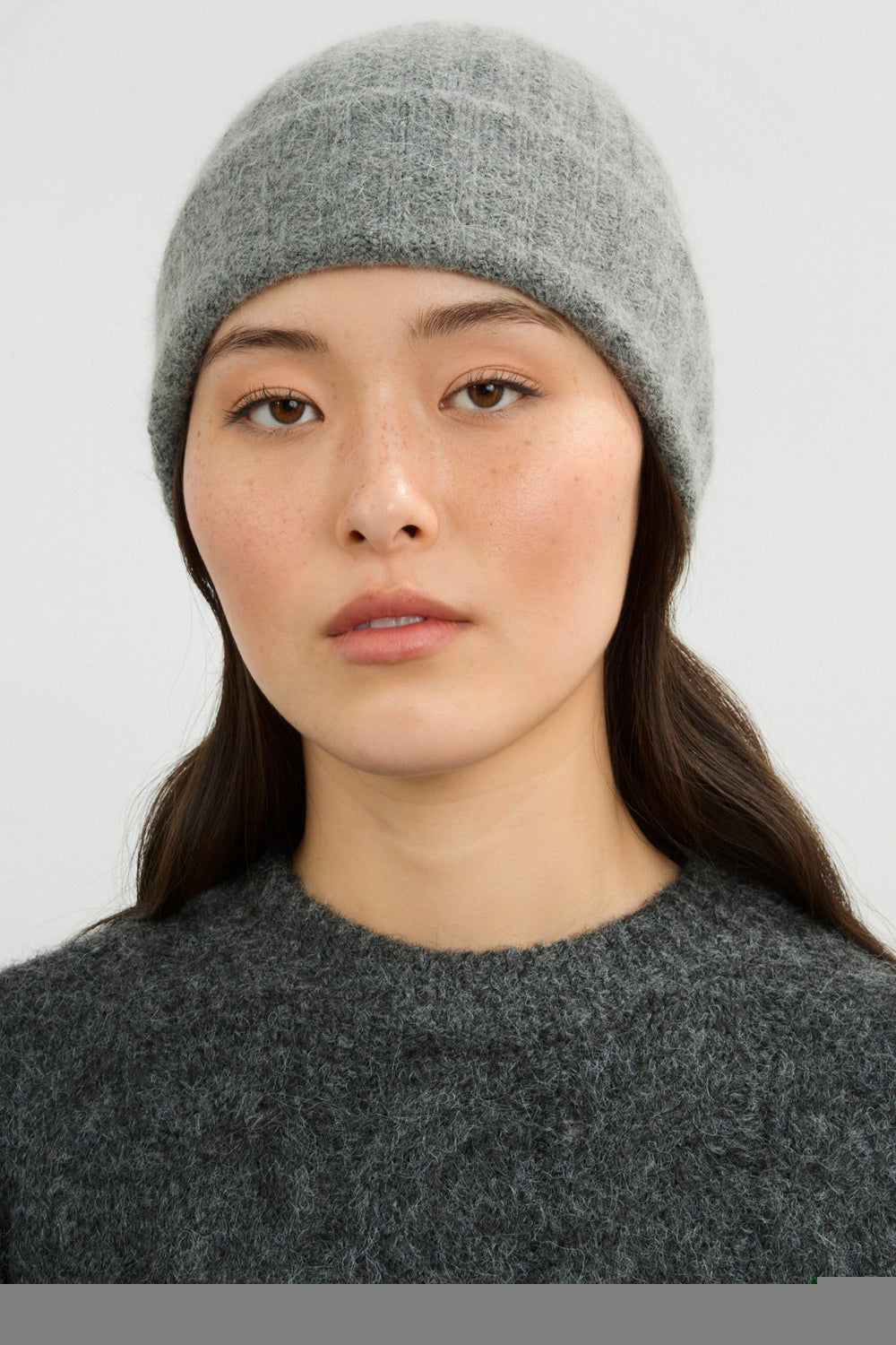 Grey angora wool blend large ribbed beanie hat_3