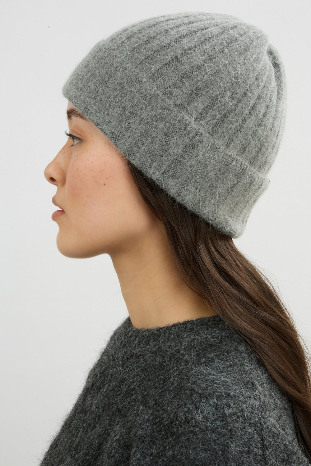 Grey angora wool blend large ribbed beanie hat_4
