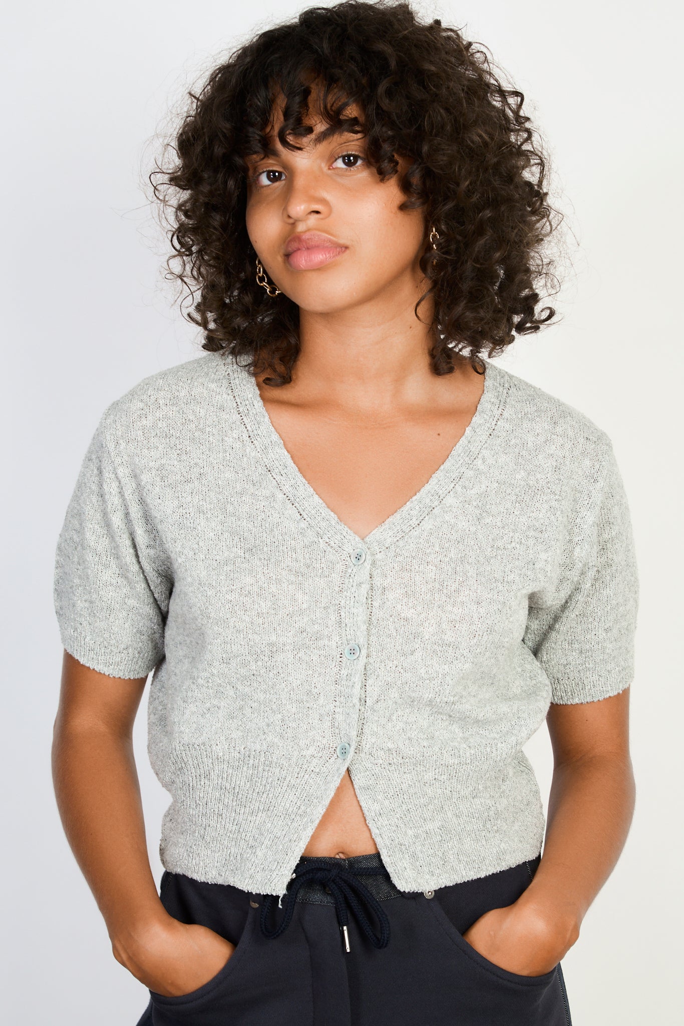 Grey linen blend short sleeved cardigan_1