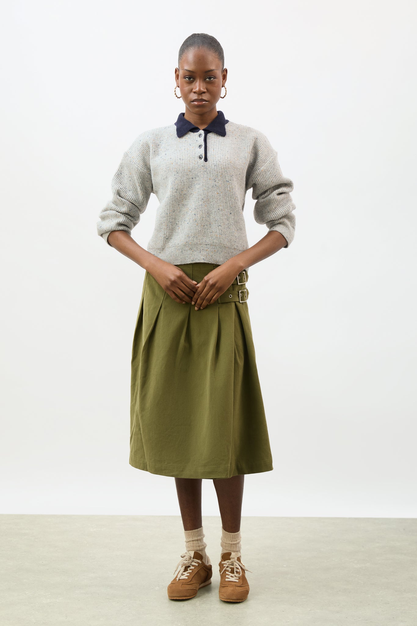 Grey speckled wool blend contrast collared jumper_5