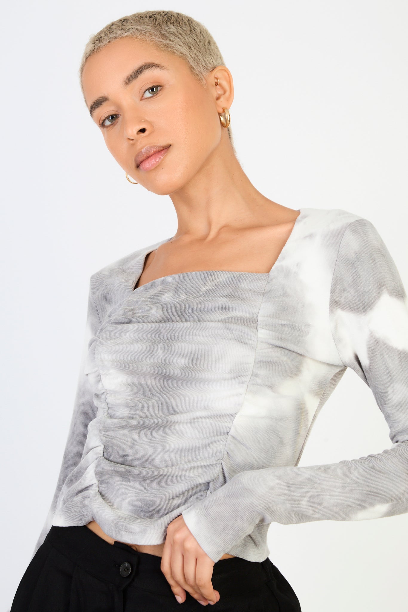 Grey tie dye ruched long sleeve top_1