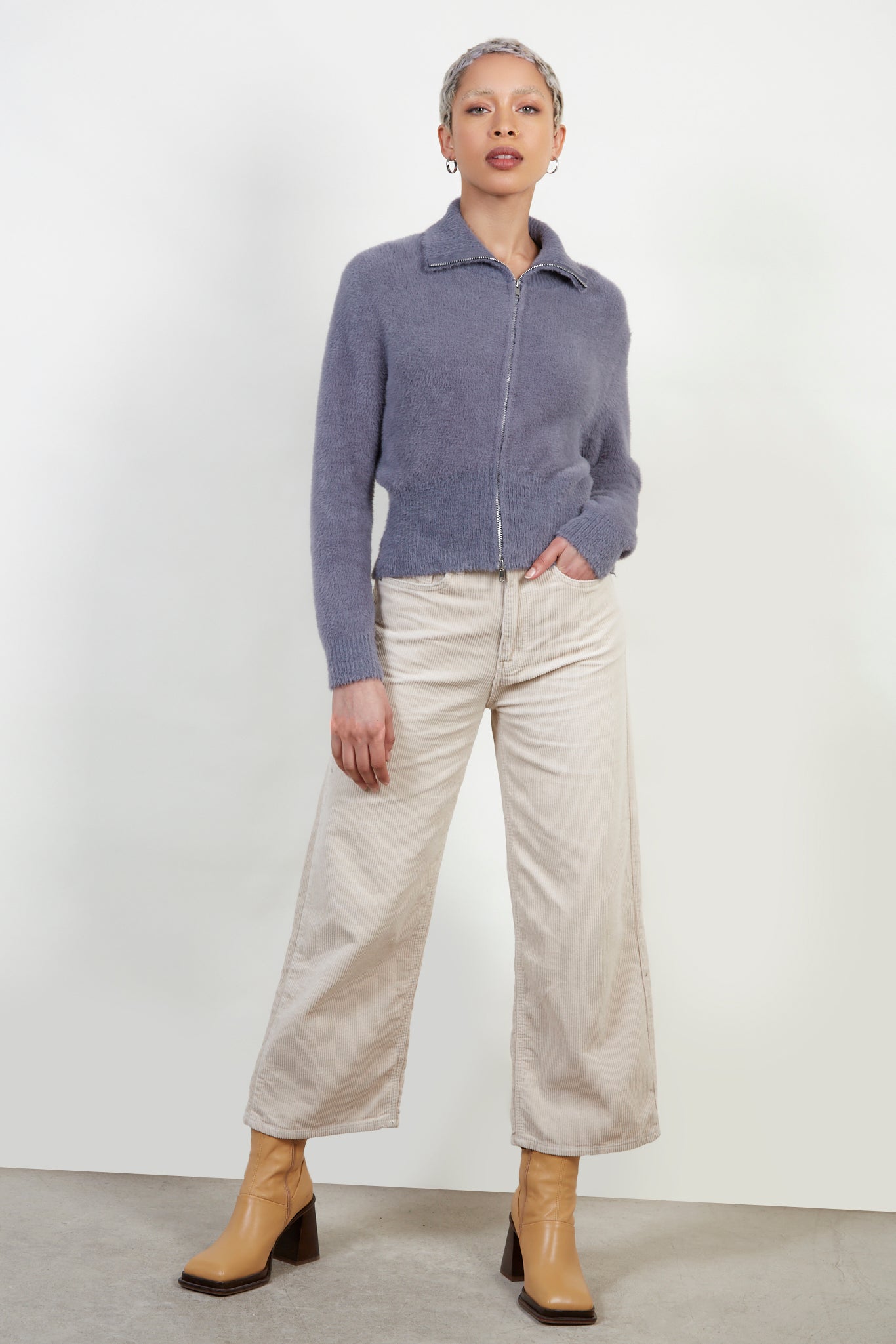 Grey fuzzy mock neck zip cardigan_2