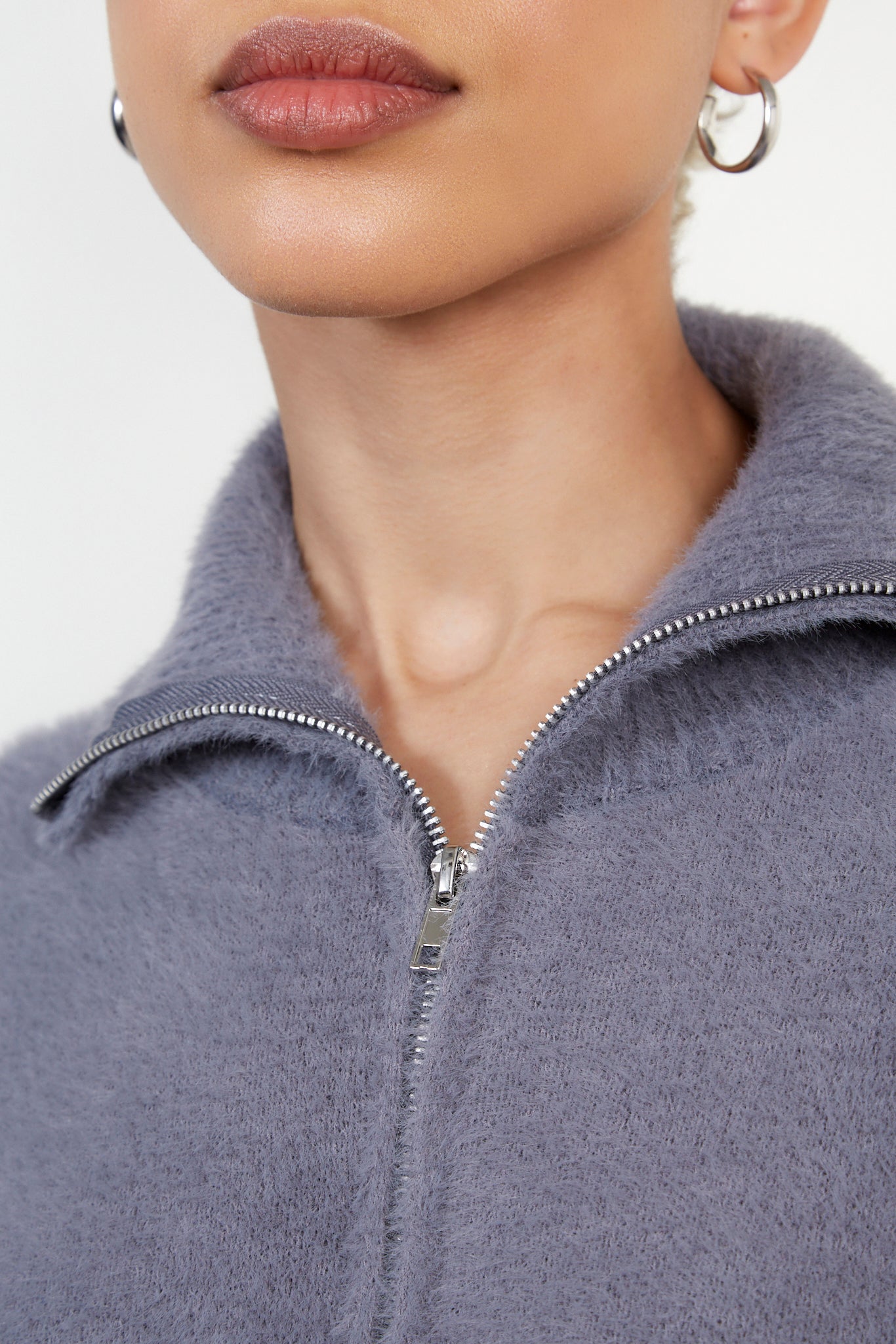 Grey fuzzy mock neck zip cardigan_4