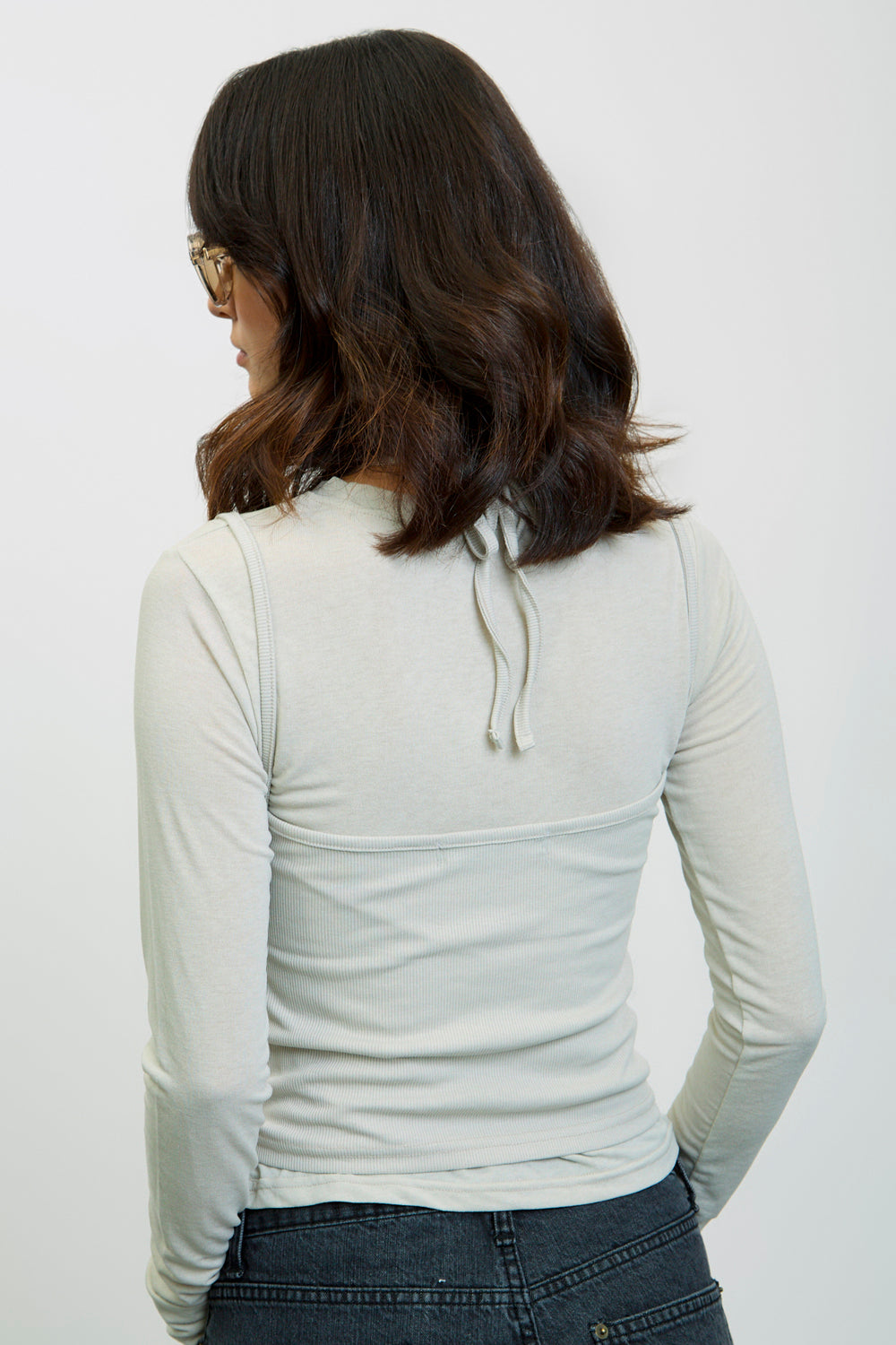 Greyish beige layered halter neck long sleeve top_2