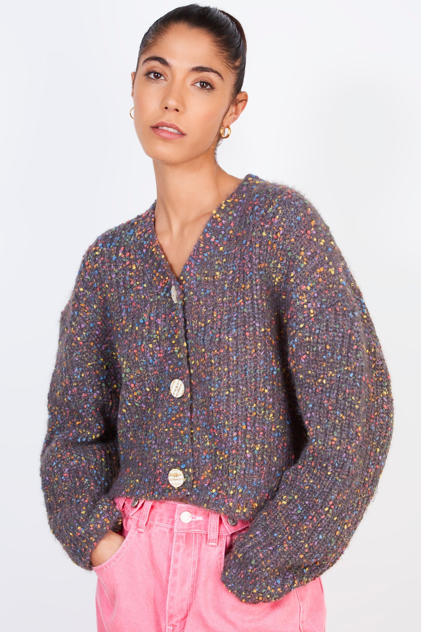 Grey rainbow fleck knit cardigan_1