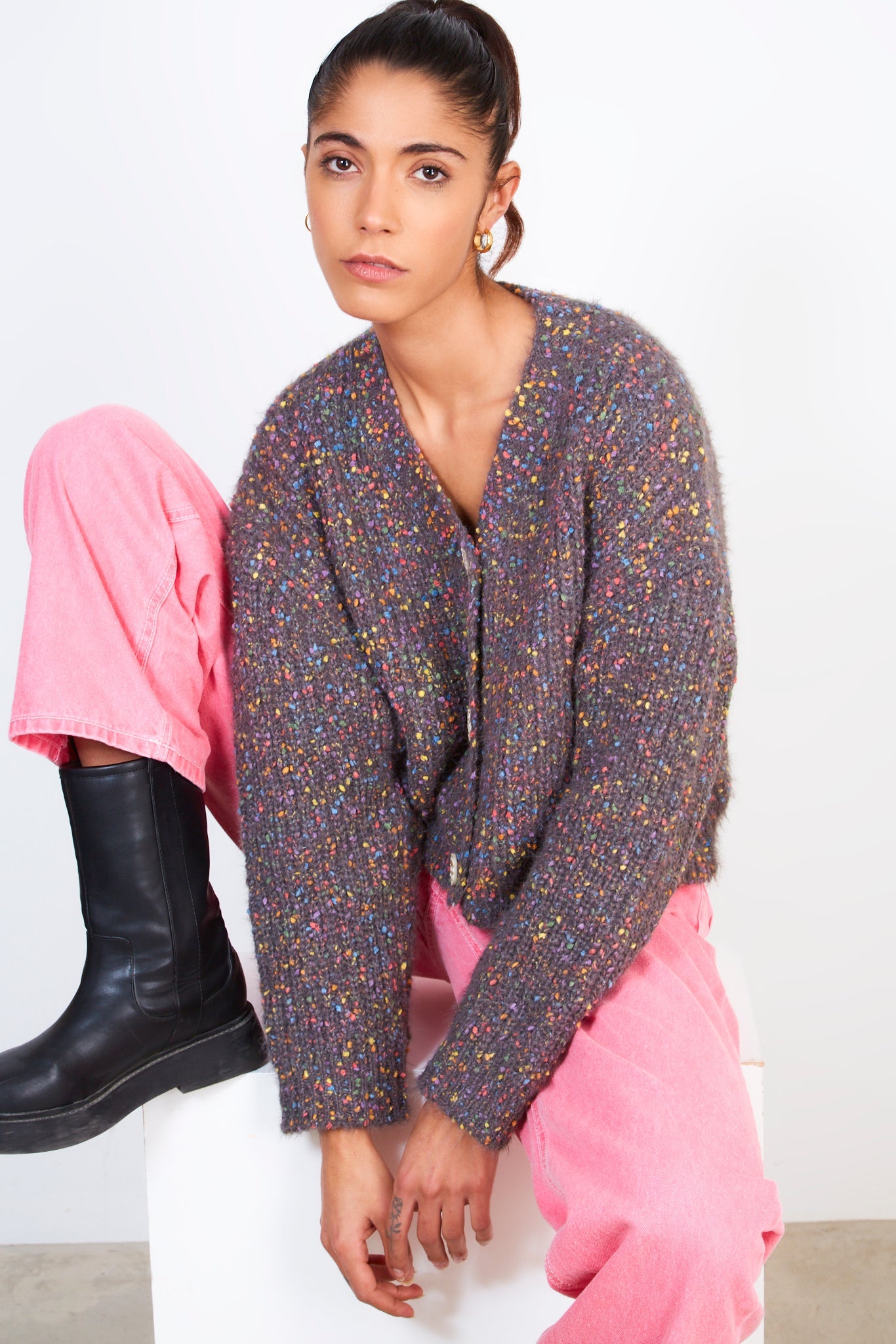 Grey rainbow fleck knit cardigan_5