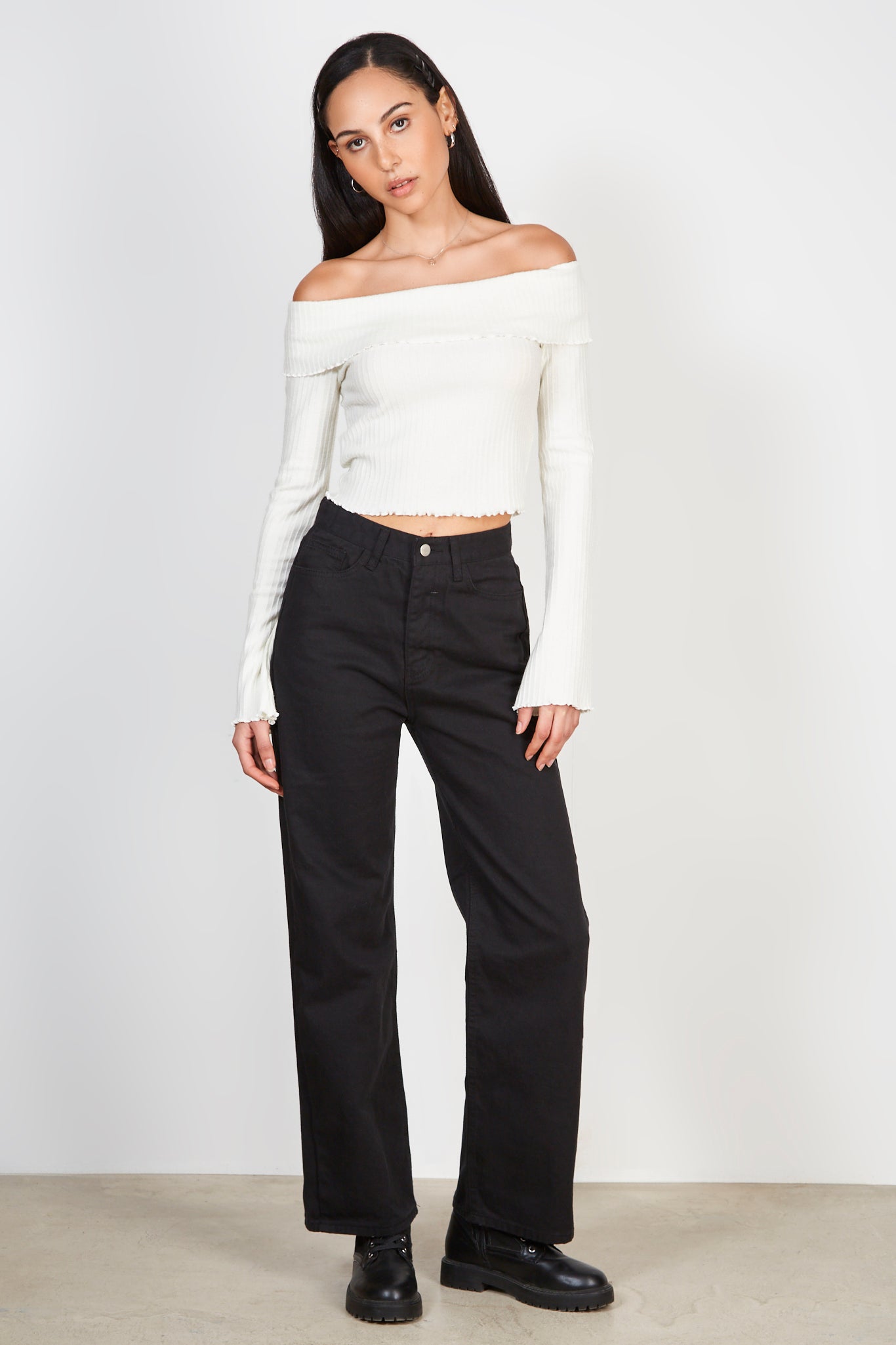 Ivory ribbed off shoulder ruffle trim top_5
