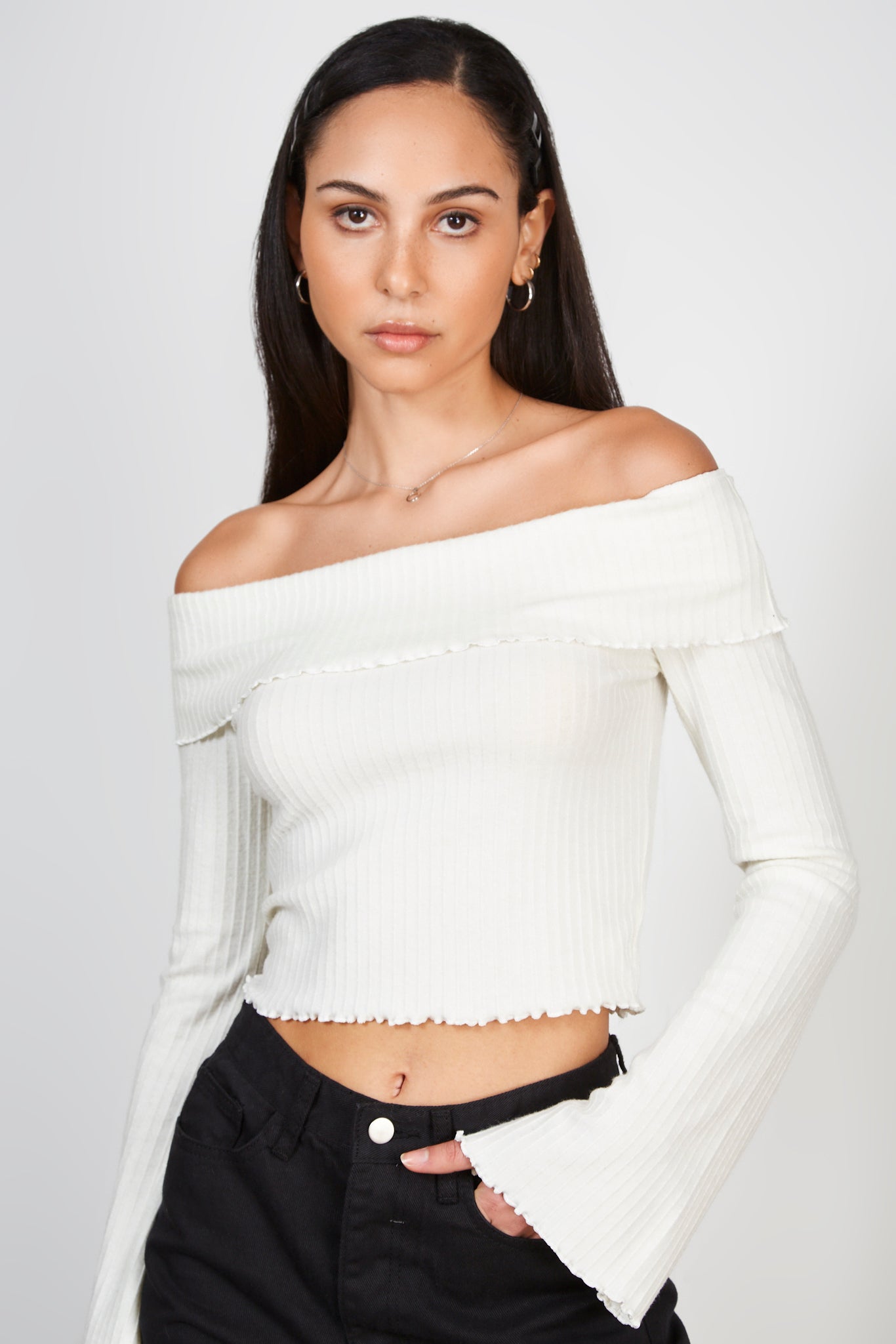 Ivory ribbed off shoulder ruffle trim top_3