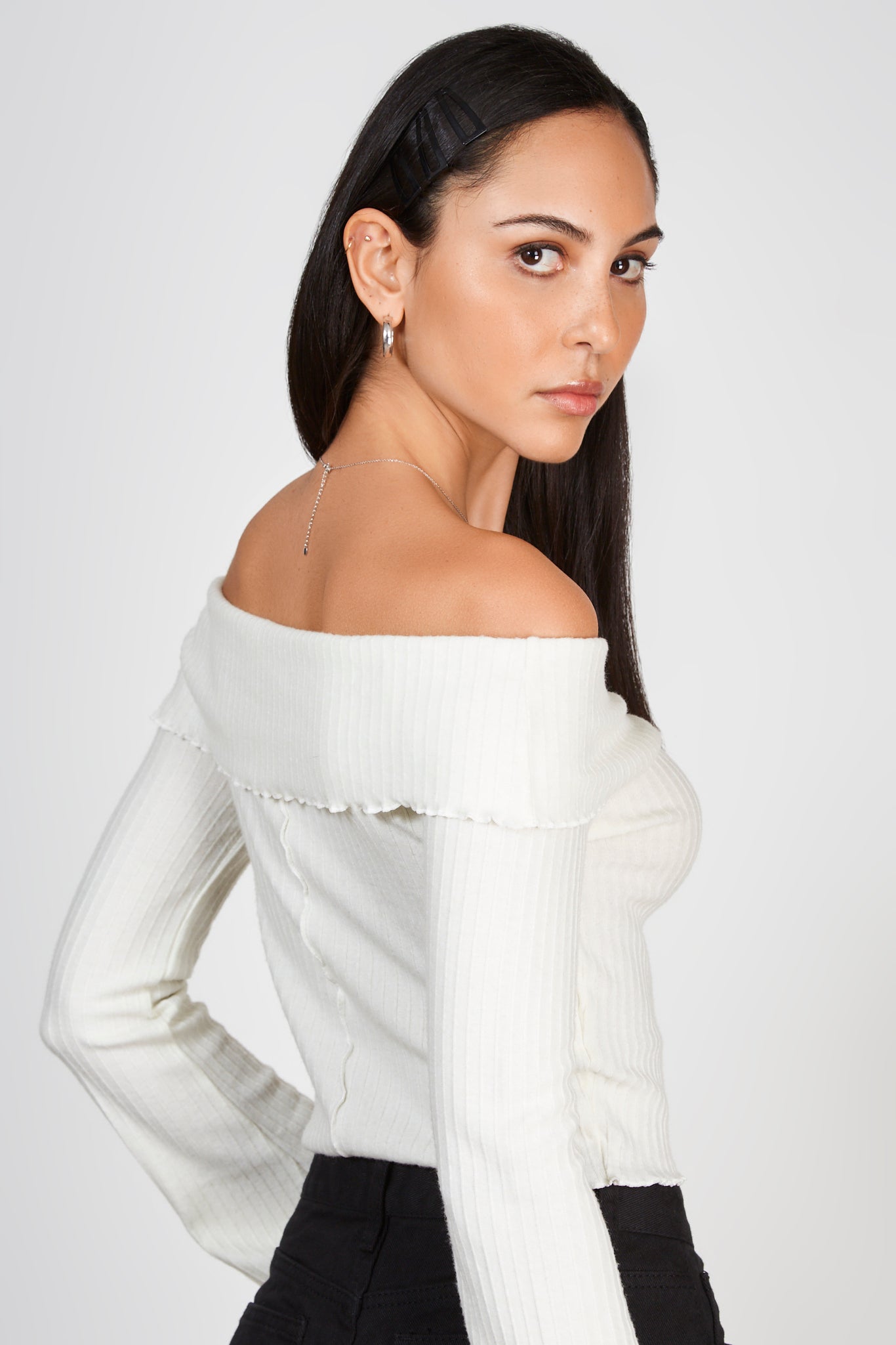 Ivory ribbed off shoulder ruffle trim top_2