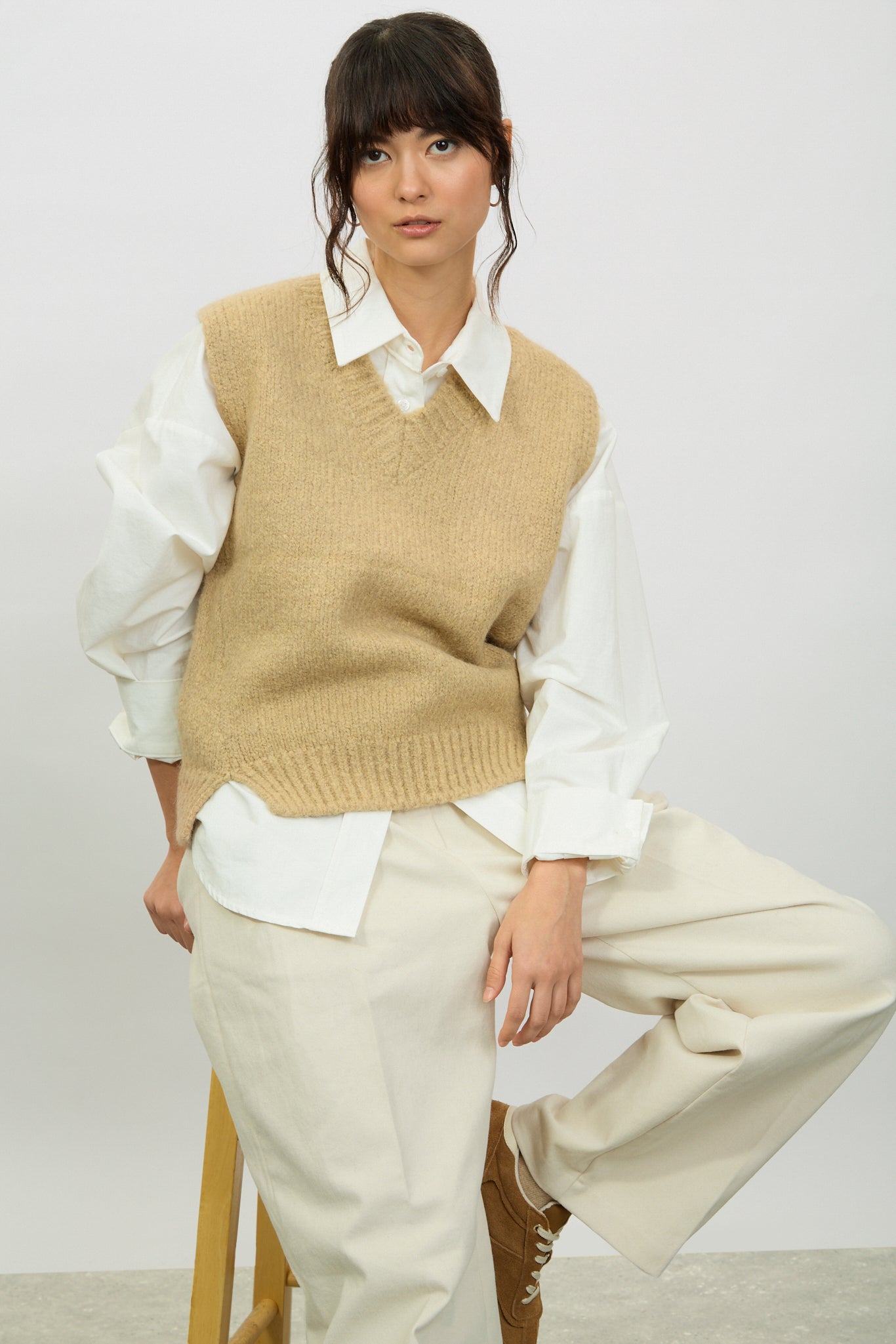 Ivory alpaca wool blend V neck sweater vest_1