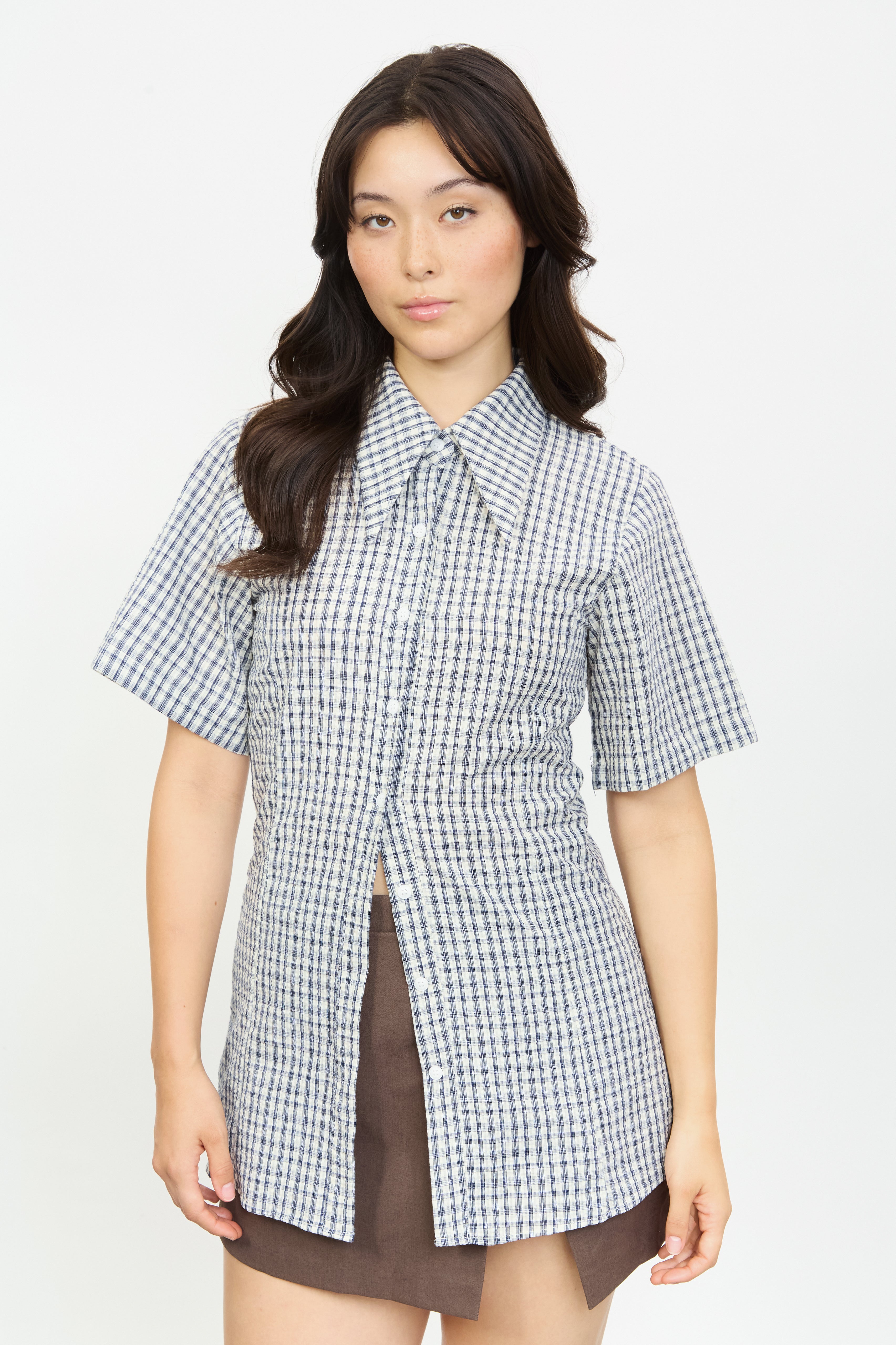 Ivory and black checked fitted short sleeve shirt_1