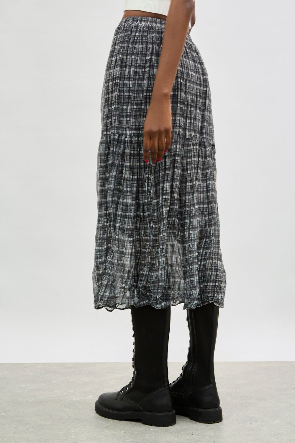 Ivory and black plaid tiered midi skirt_2