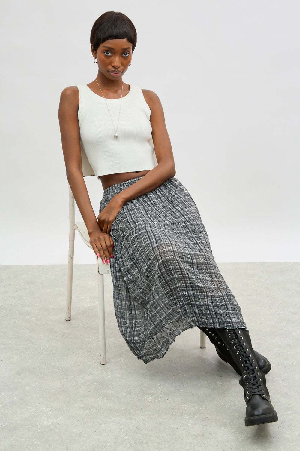 Ivory and black plaid tiered midi skirt_5