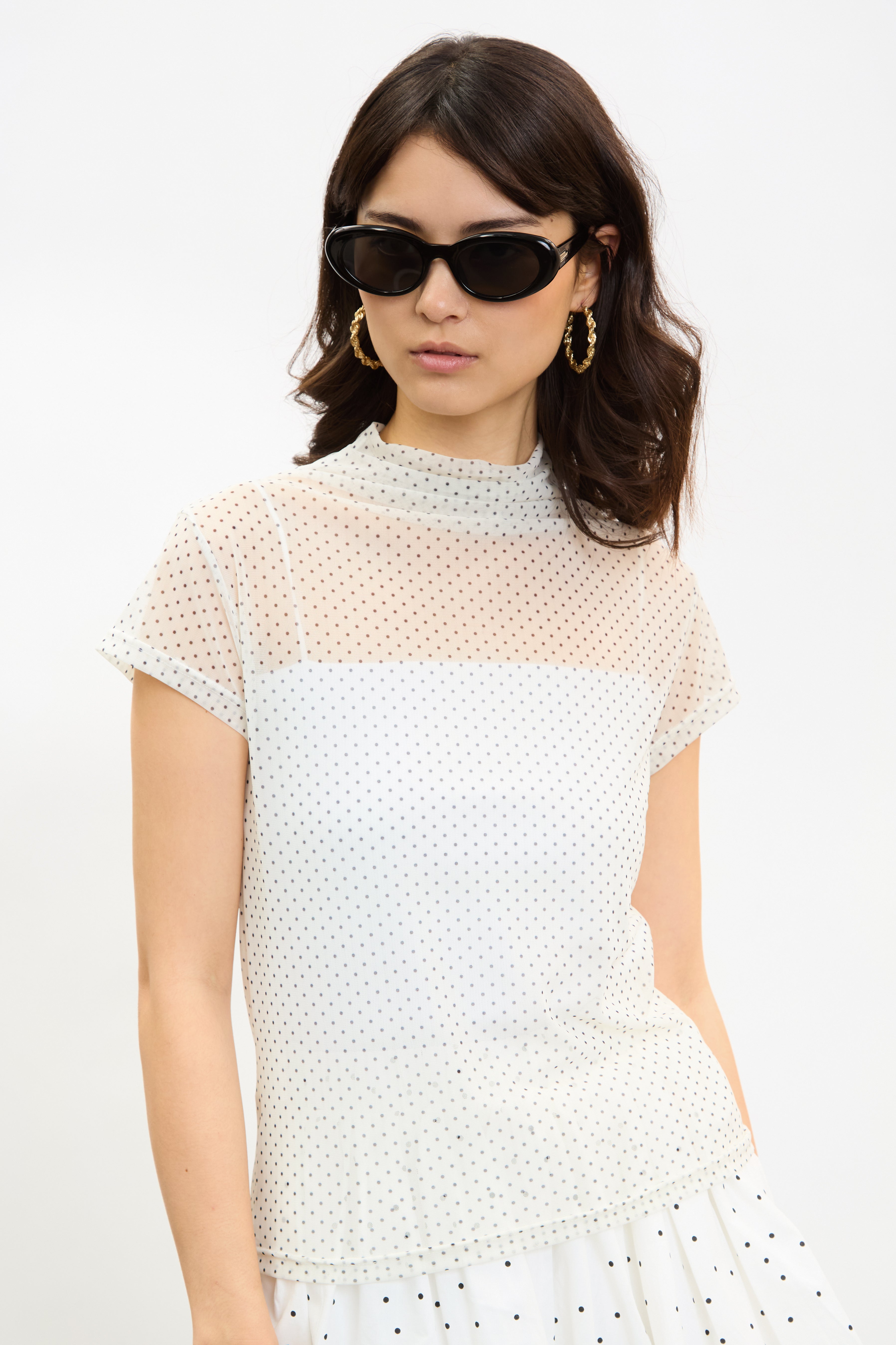 Ivory and black polka dot sheer mock neck tee_1