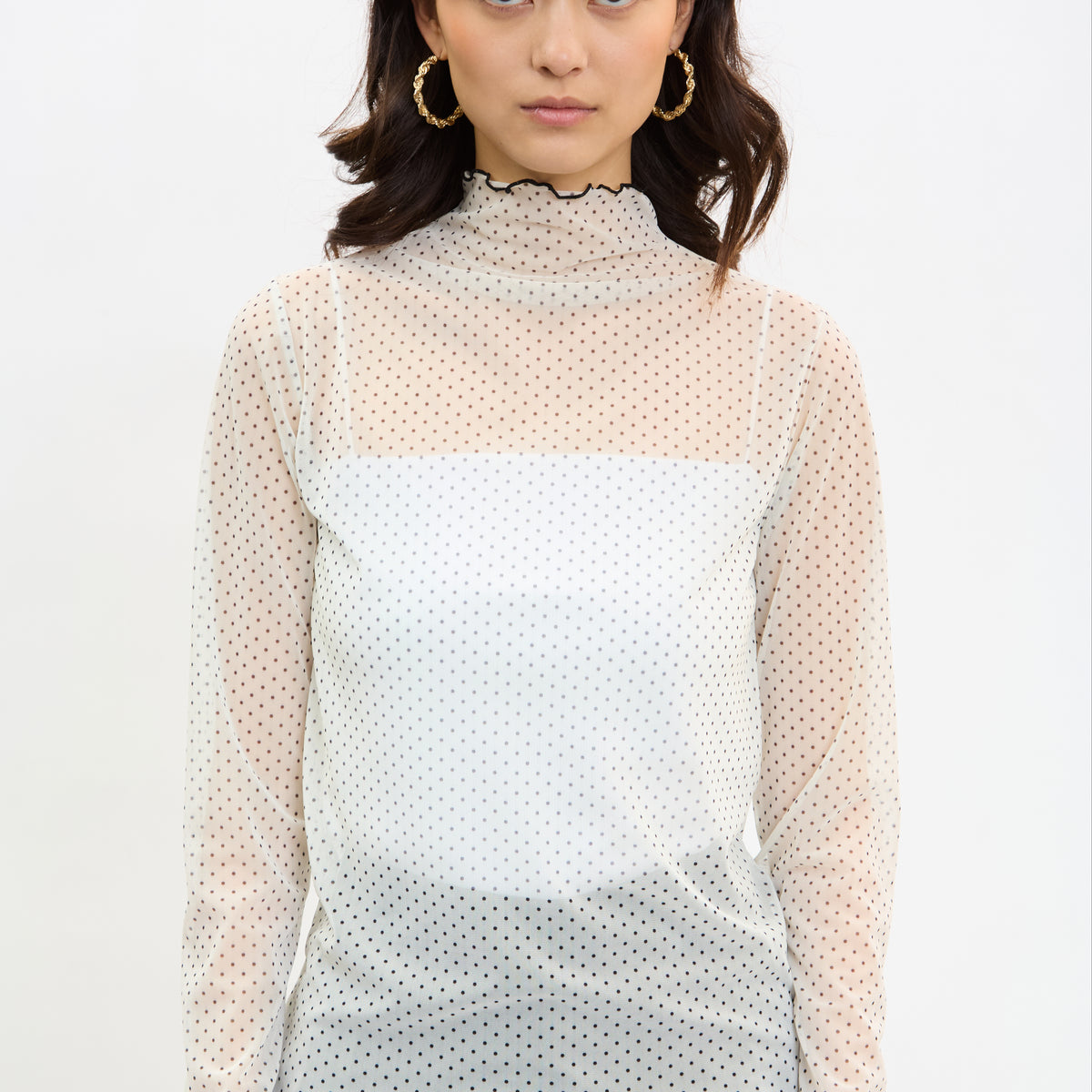 Ivory and black polka dot sheer ruffle trim top | Glassworks London