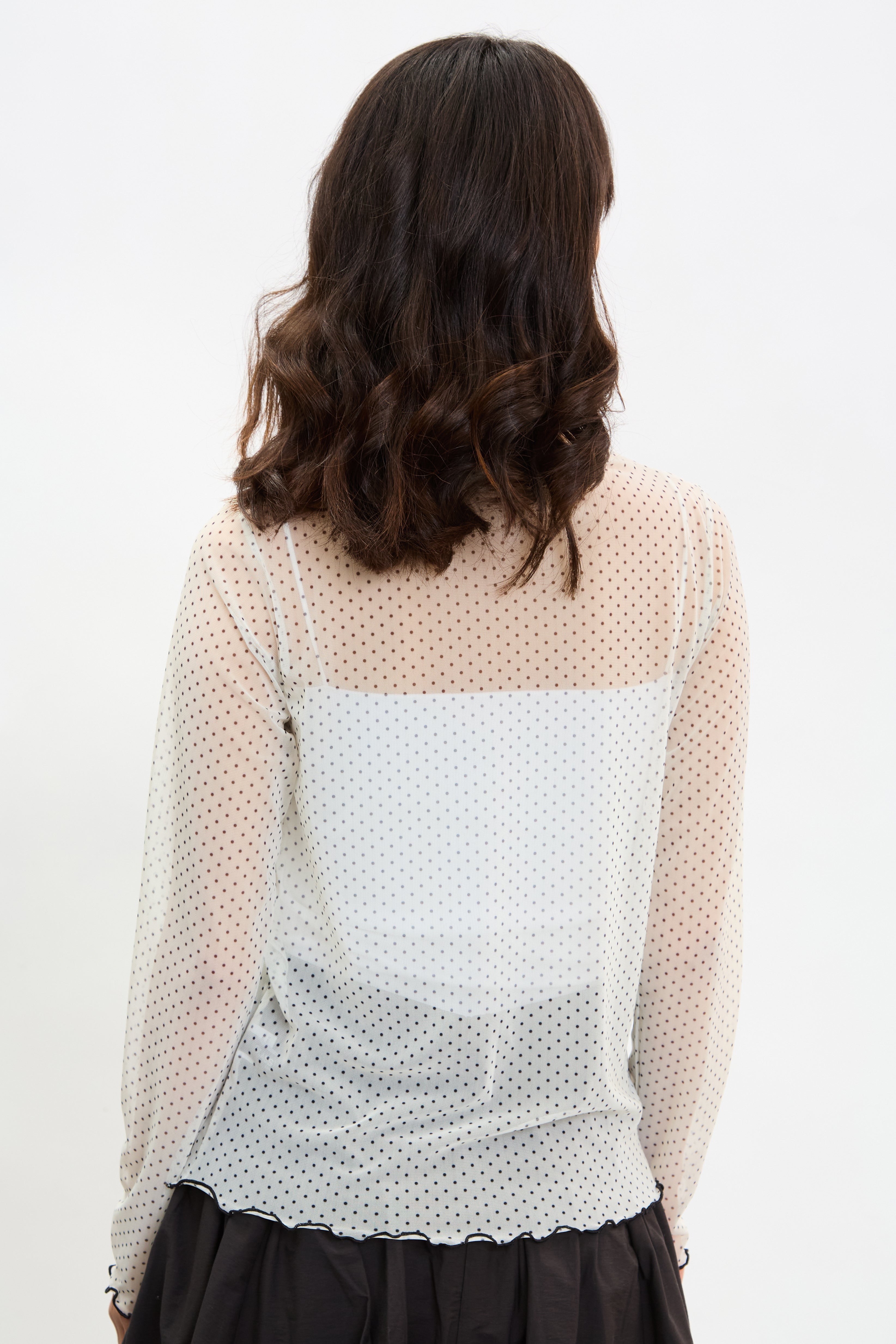 Ivory and black polka dot sheer ruffle trim top_2
