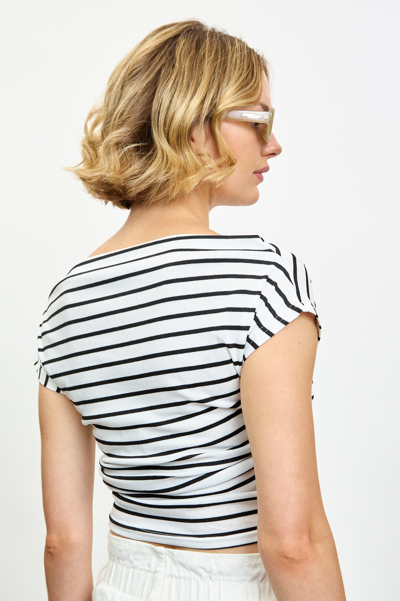 Ivory and black striped boat neck draped tee_2