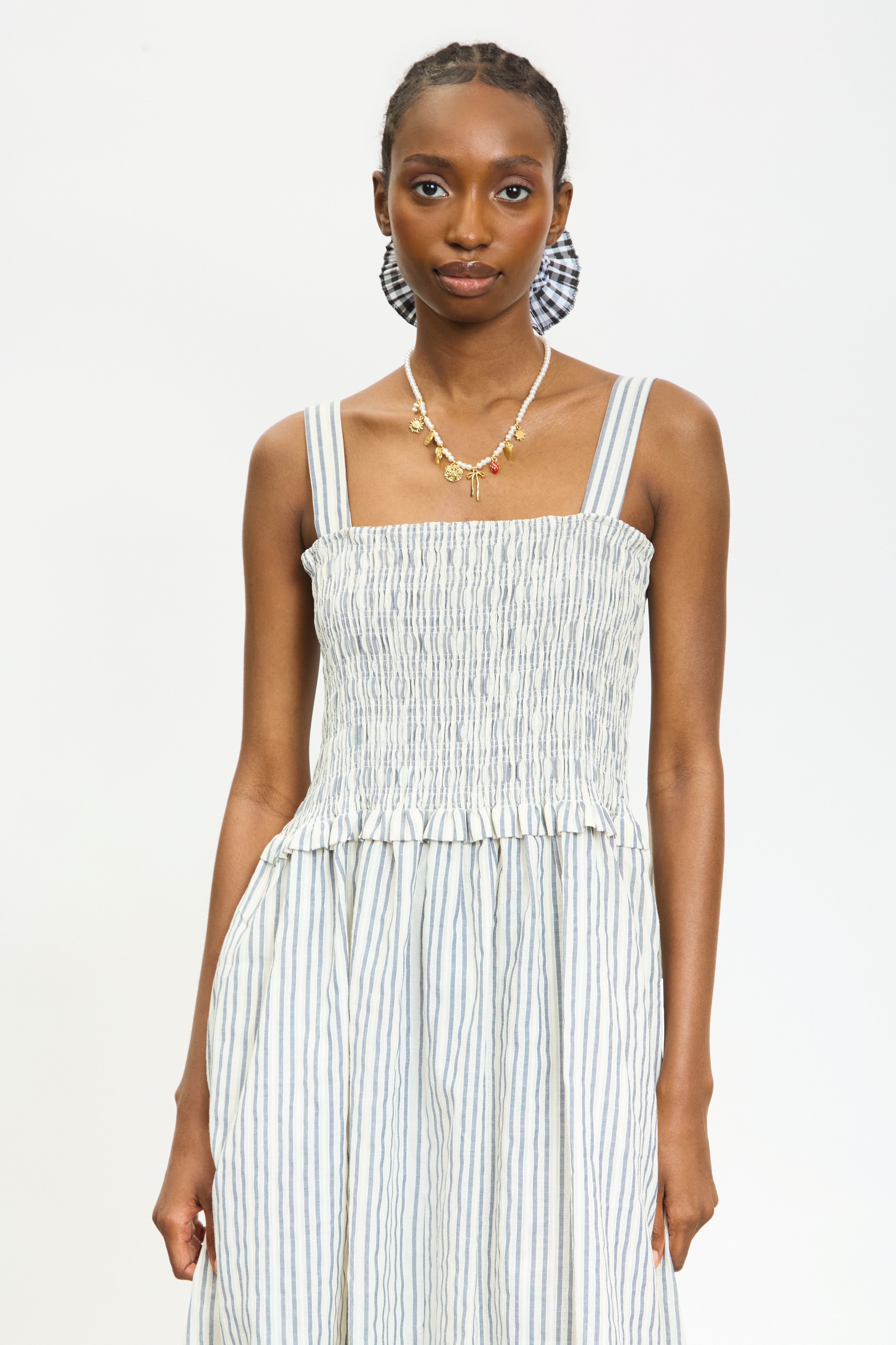 Ivory and blue vertical striped ruched bodice dress_3