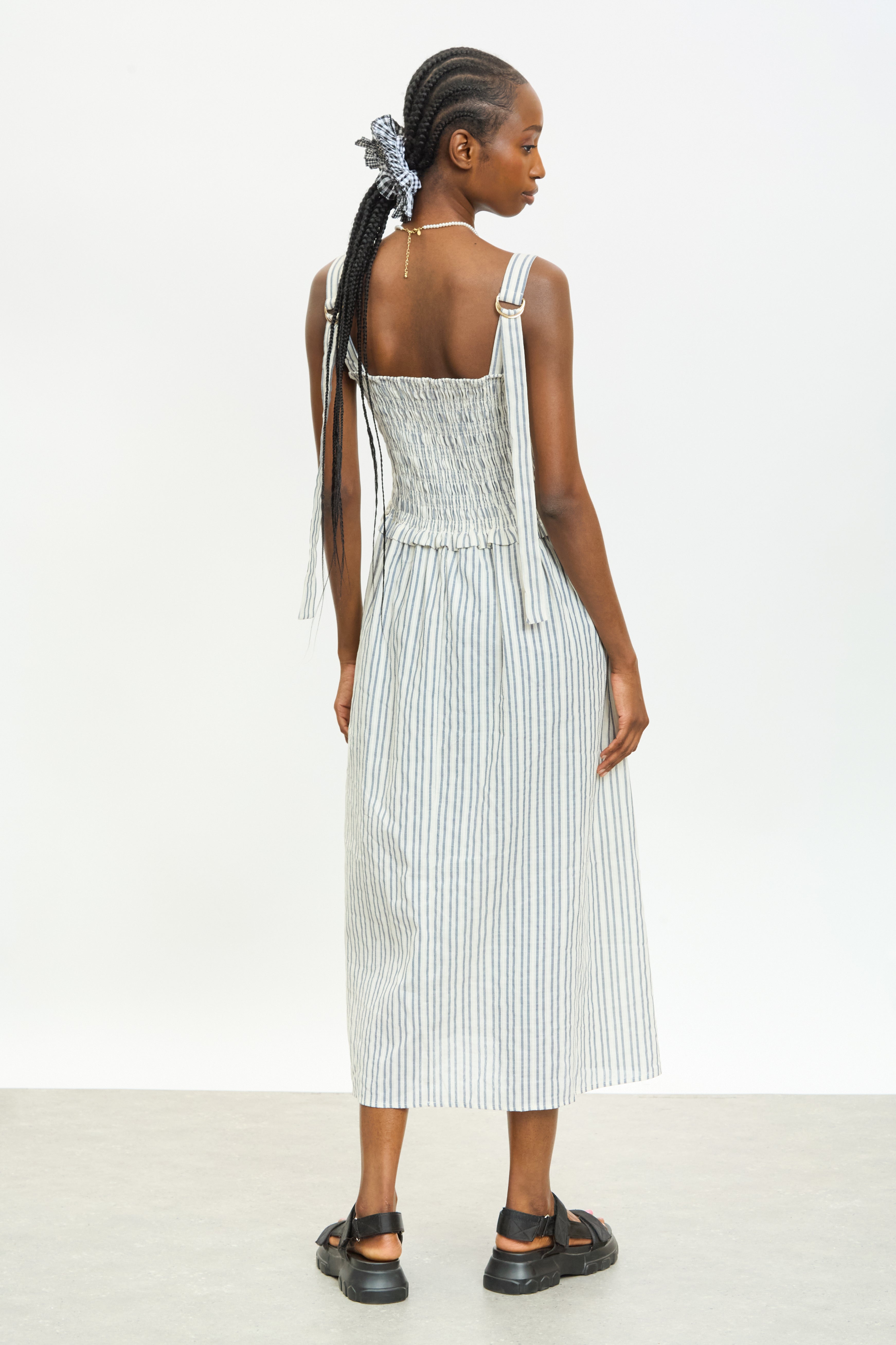Ivory and blue vertical striped ruched bodice dress_2