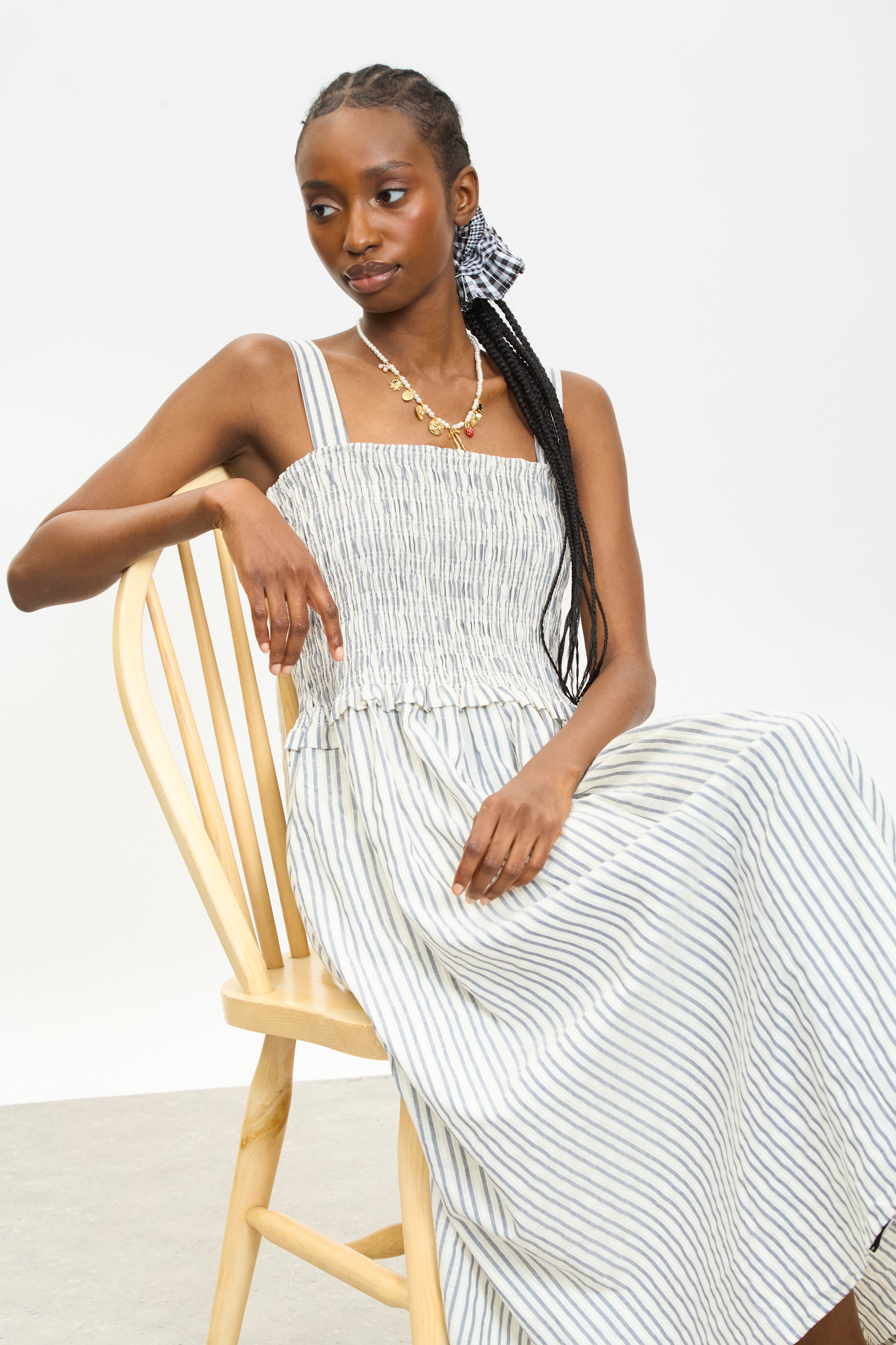 Ivory and blue vertical striped ruched bodice dress_5