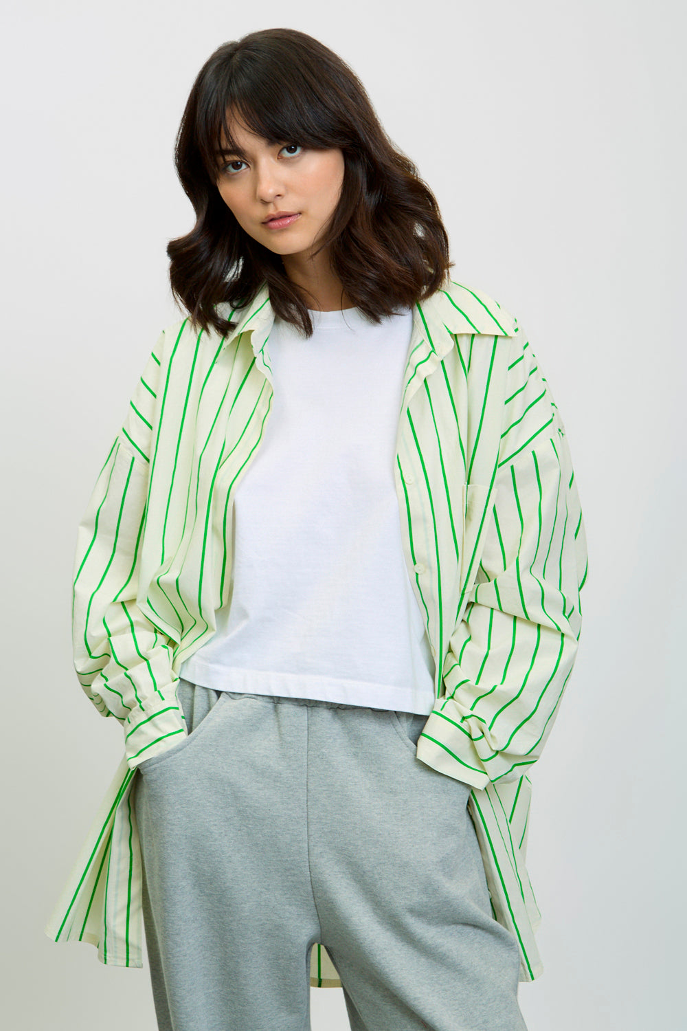 Ivory and green striped oversized shirt_1