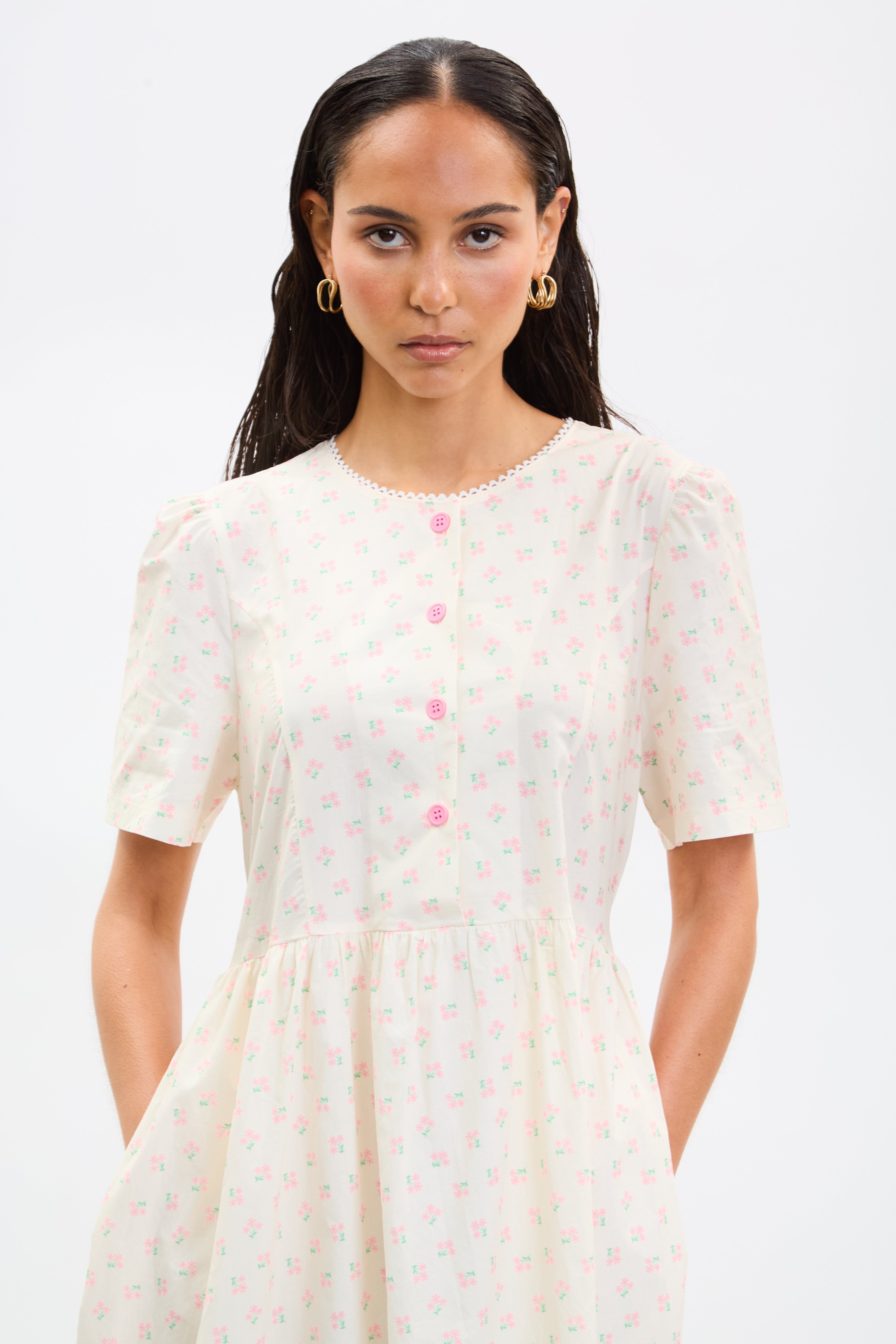 Ivory and pink floral print button front dress_3