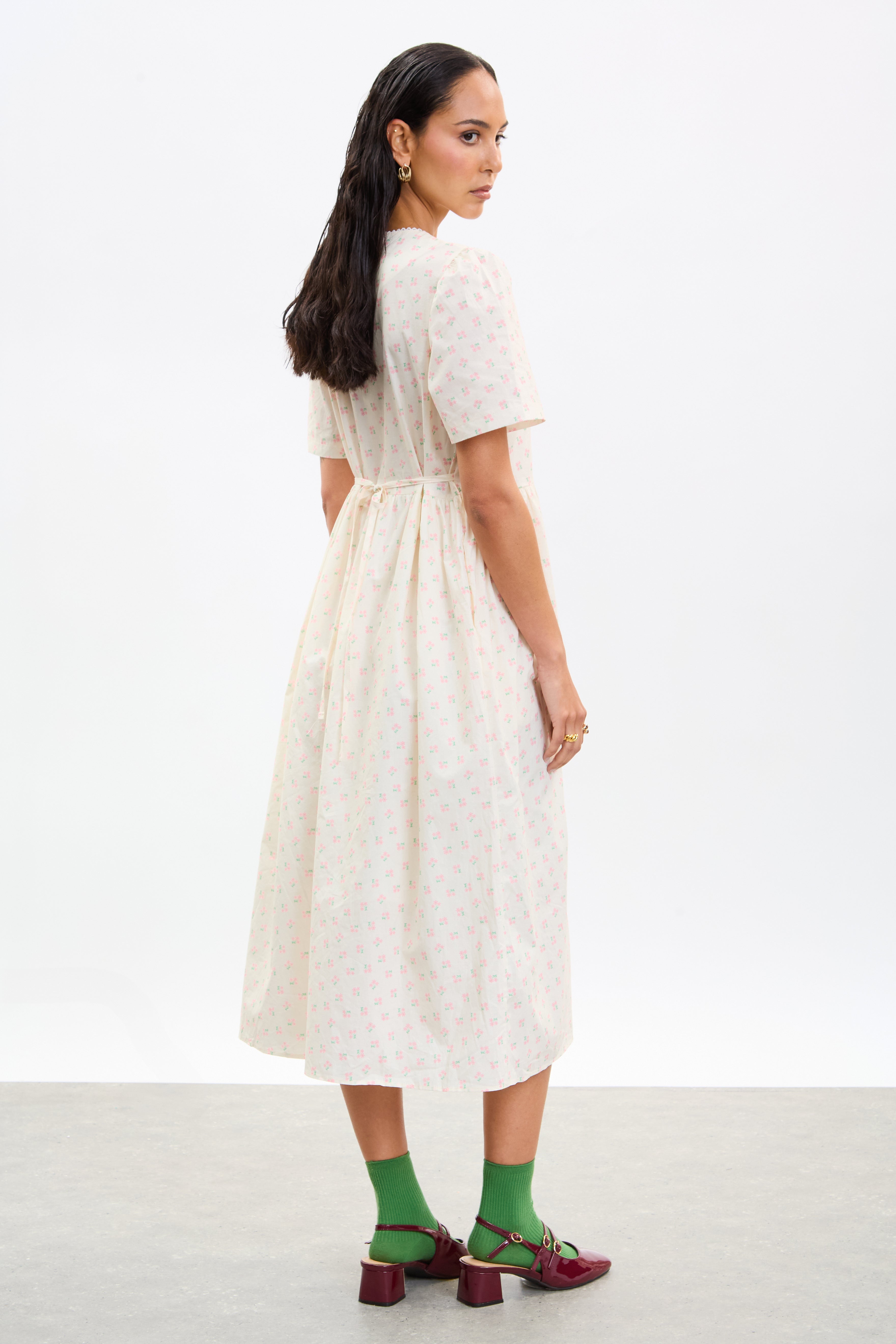 Ivory and pink floral print button front dress_2