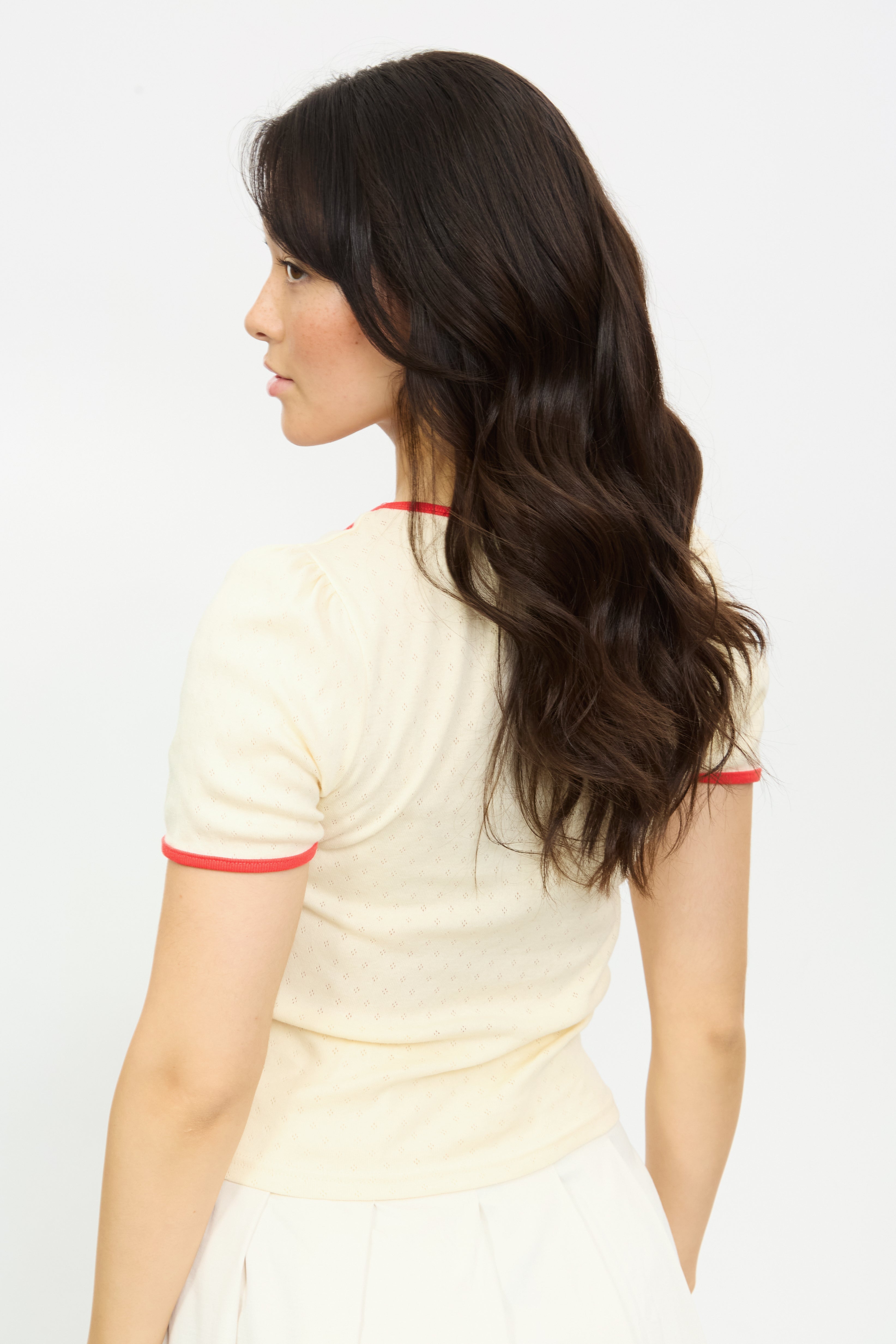 Ivory and red contrast trim bow front tee_2