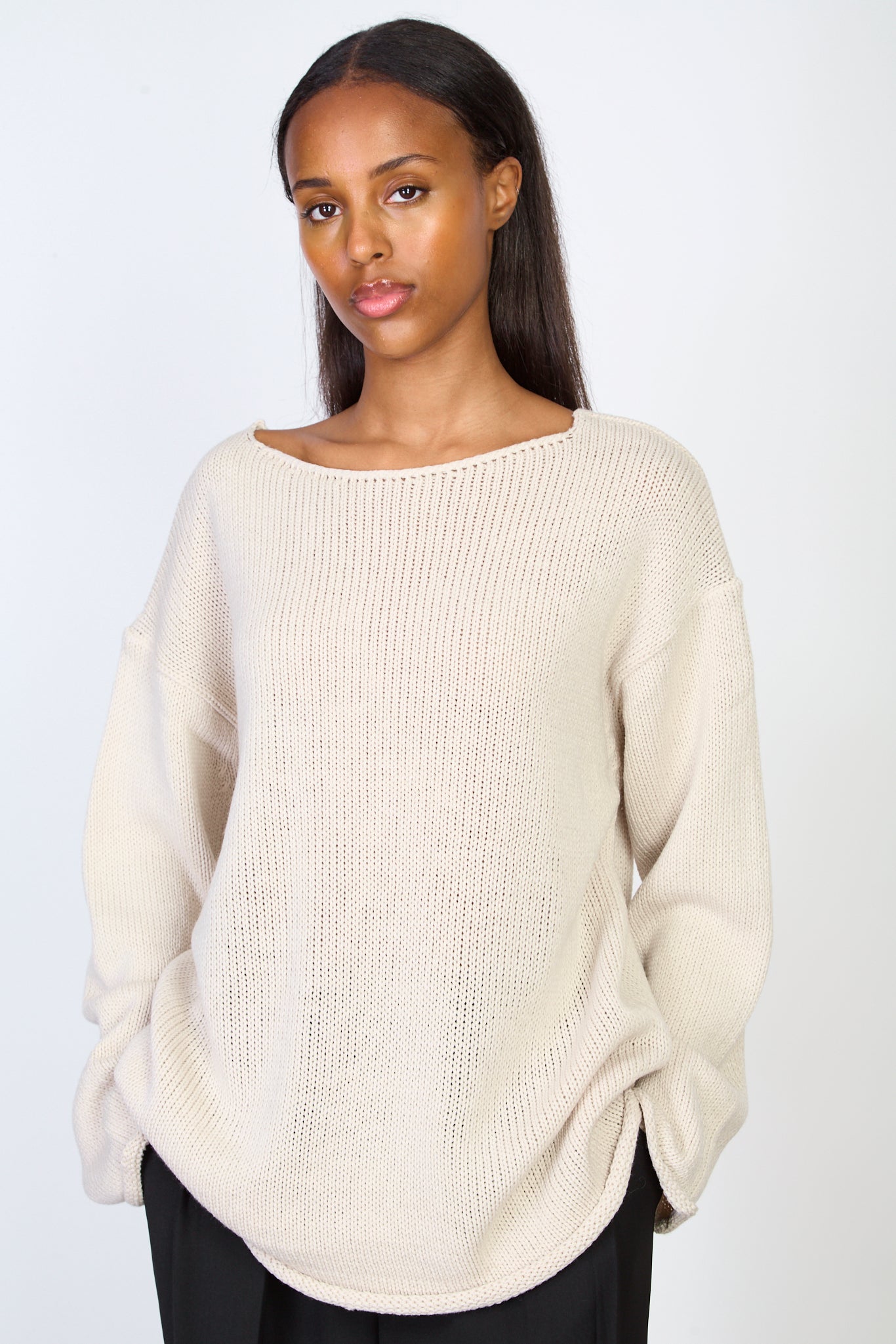 Ivory boat neck long roll hem jumper_1